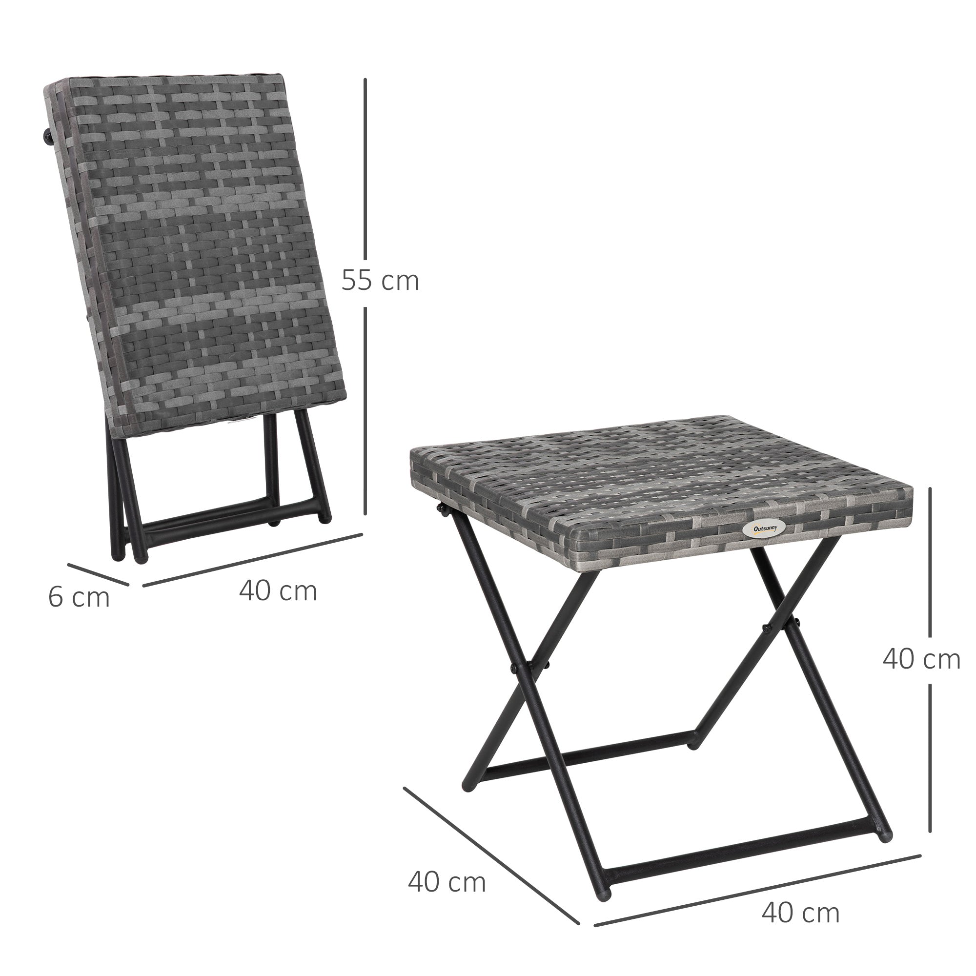 Outsunny Beistelltisch aus Polyrattan klappbar Kaffeetisch Couchtisch Tablett Balkontisch Gartentisch Sofatisch Teetisch Gartenmöbel Rattantisch für Garten Terrasse Balkon, 40x40x40cm Graul