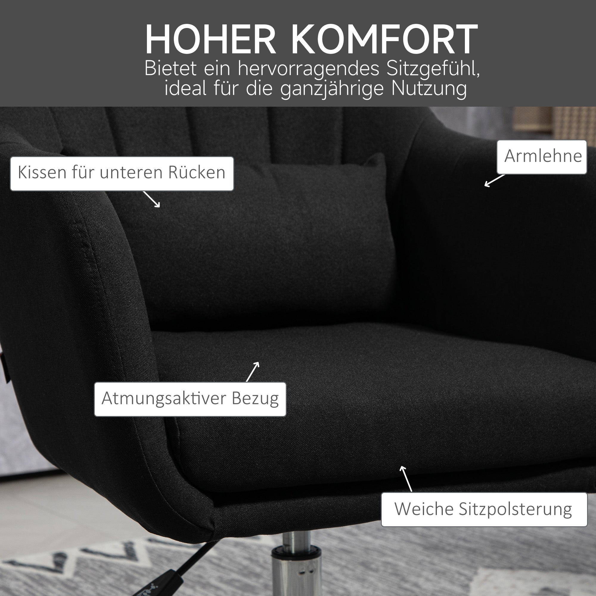 HOMCOM Drehstuhl, höhenverstellbarer Bürostuhl, leinenartiges Polyester, Metall, 60 x 60 x 79-91 cm, Schwarz