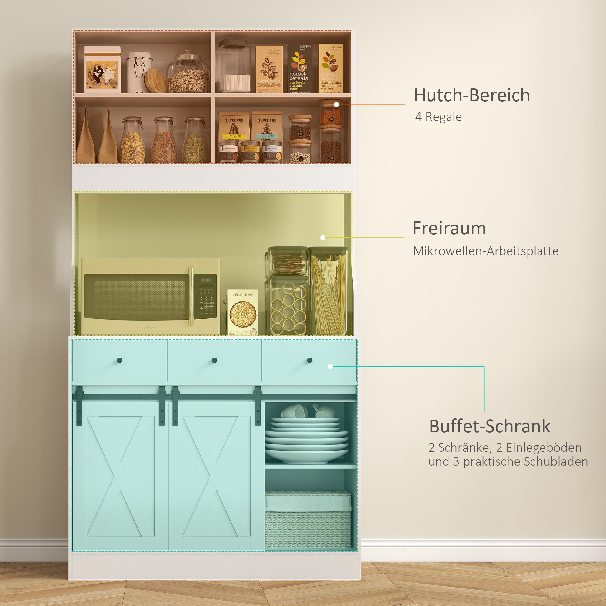 HOMCOM Küchenschrank mit Regalen, Schränken, Schubladen und Ablagefläche, Bauernhaus-Flair, verstellbare Regale, Holz, Weiß
