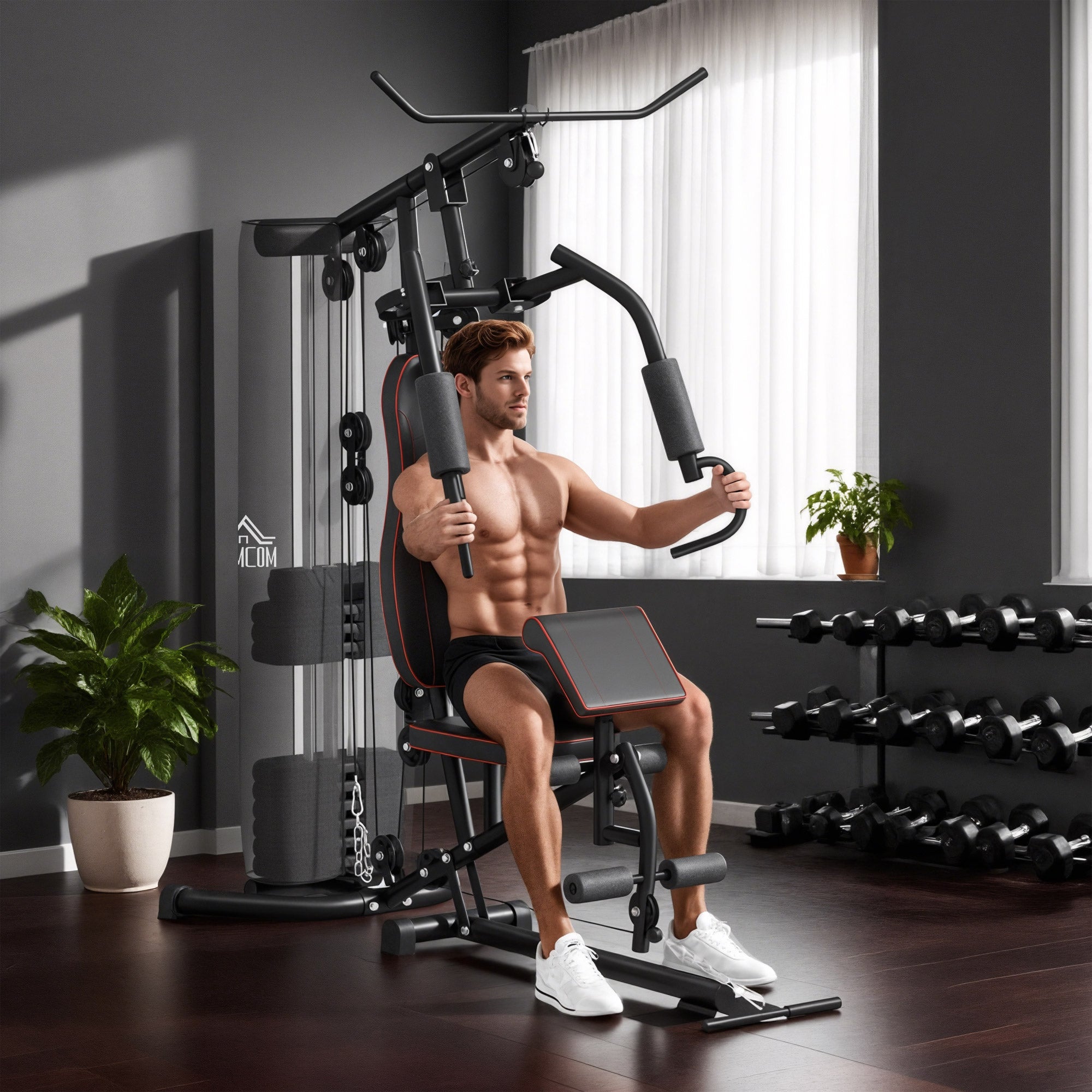 HOMCOM Heimtrainer, Trainingsstation, Hantelbank, Brustpresse, Stahl, 170x104x205 cm, Schwarz