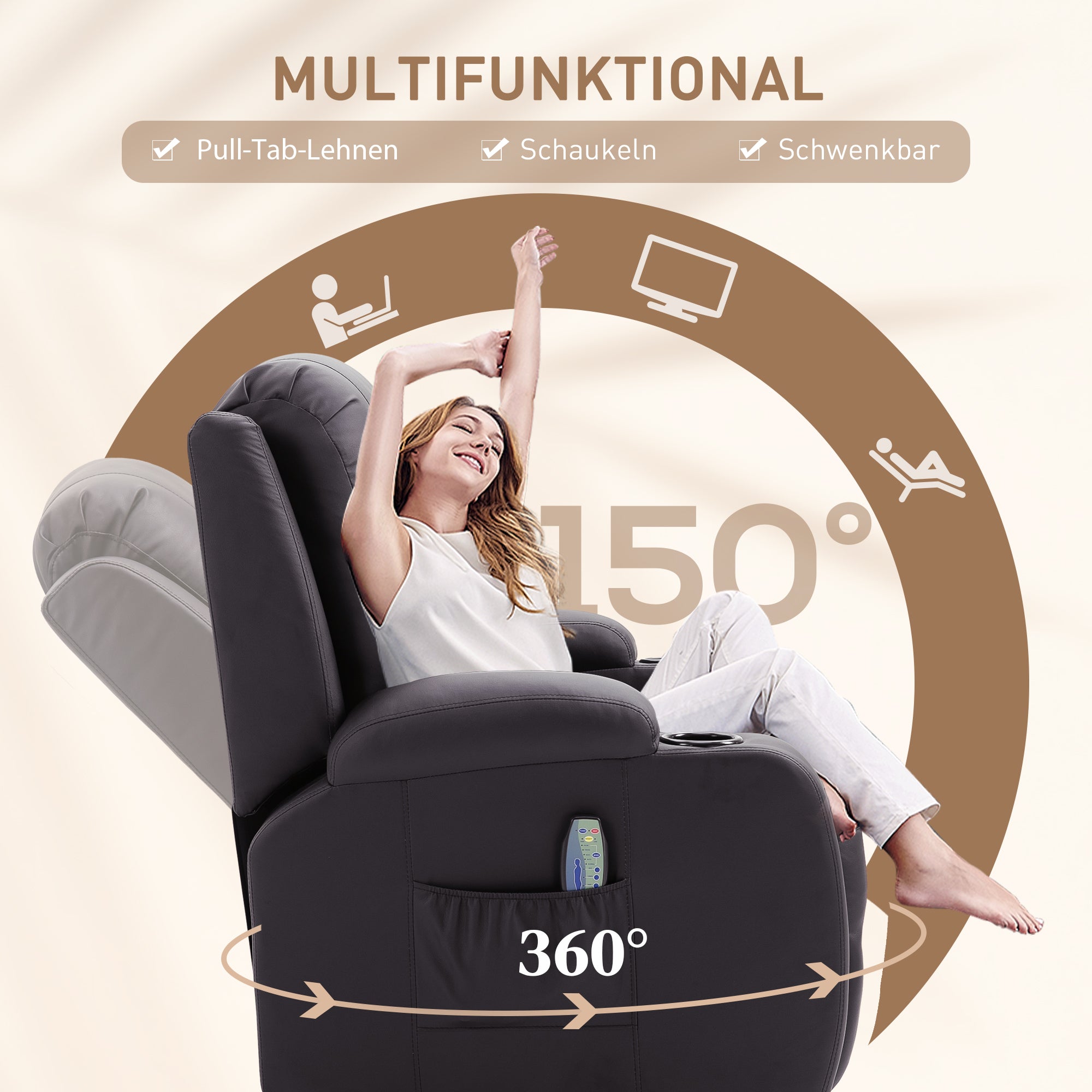 HOMCOM Massagesessel, Relaxsessel, Wippfunktion, 8 Vibrationspunkte, inkl. Fernbedienung, Braun