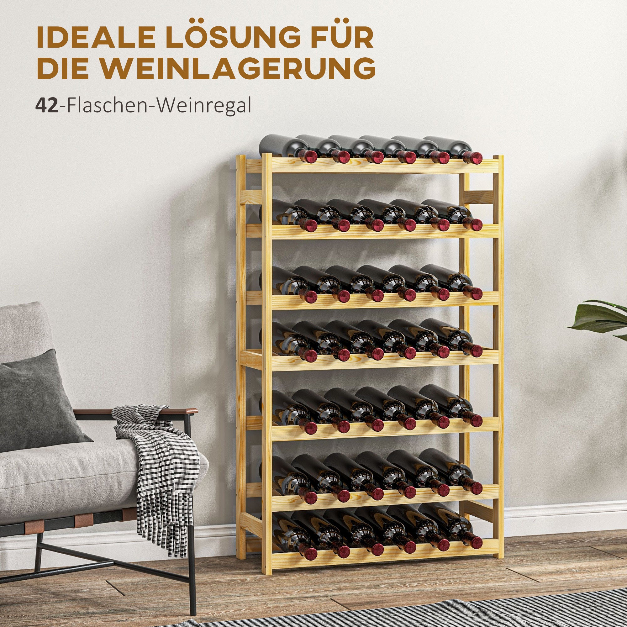HOMCOM Weinregal, 7 Etagen, für 42 Flaschen, Kippschutz, Kiefernholz, 63x25x102cm, Natur