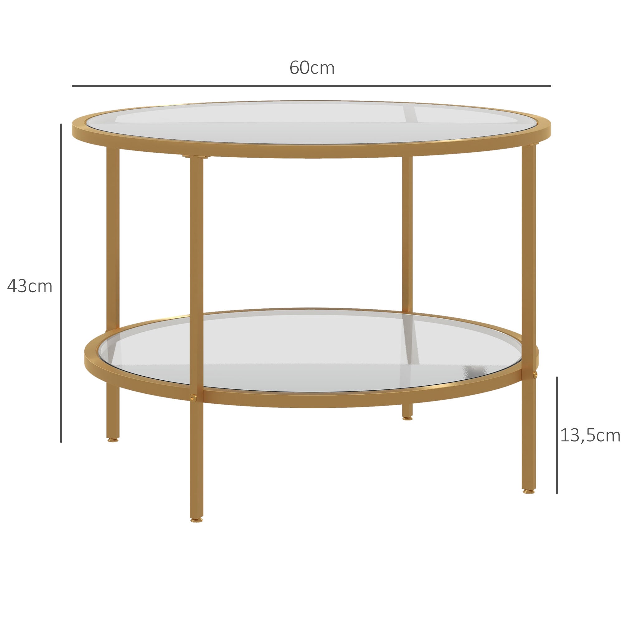 HOMCOM Beistelltisch, modernes Design, 2 Etagen, Ø60x43H cm, Goldton