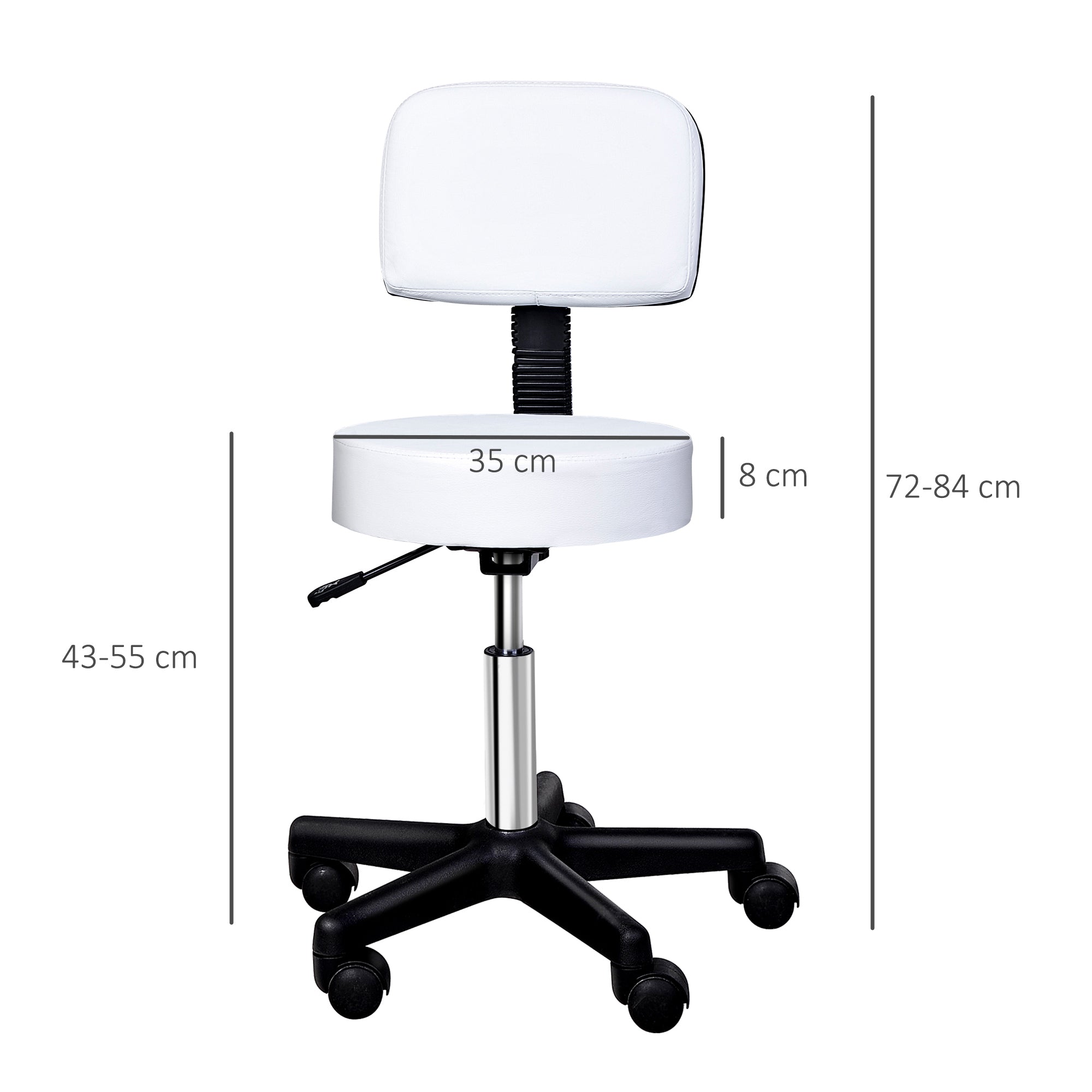 HOMCOM Rollhocker Höhenverstellbarer Arbeitshocker mit Lehne, Drehbarer Salon Hocker für Massage Büro Kunstleder Weiß Ø35 x 72-84 cm