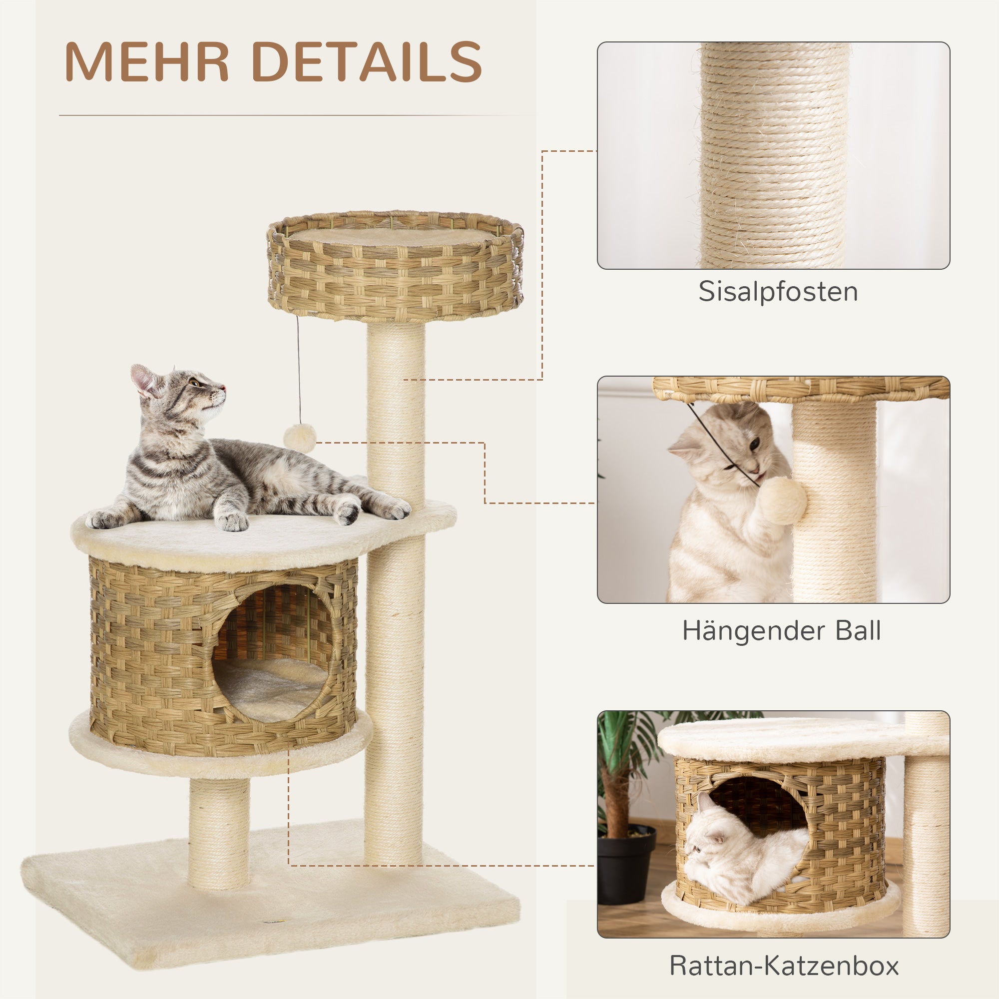 PawHut Kratzbaum Rattan 95 cm Höhe 3-Stufiger Katzenbaum mit Platform, Katzenbett, Kletterbaum mit Katzenhöhle Sisalstämmen Spielbälle Katzenmöbel Sisal Natur+Beige
