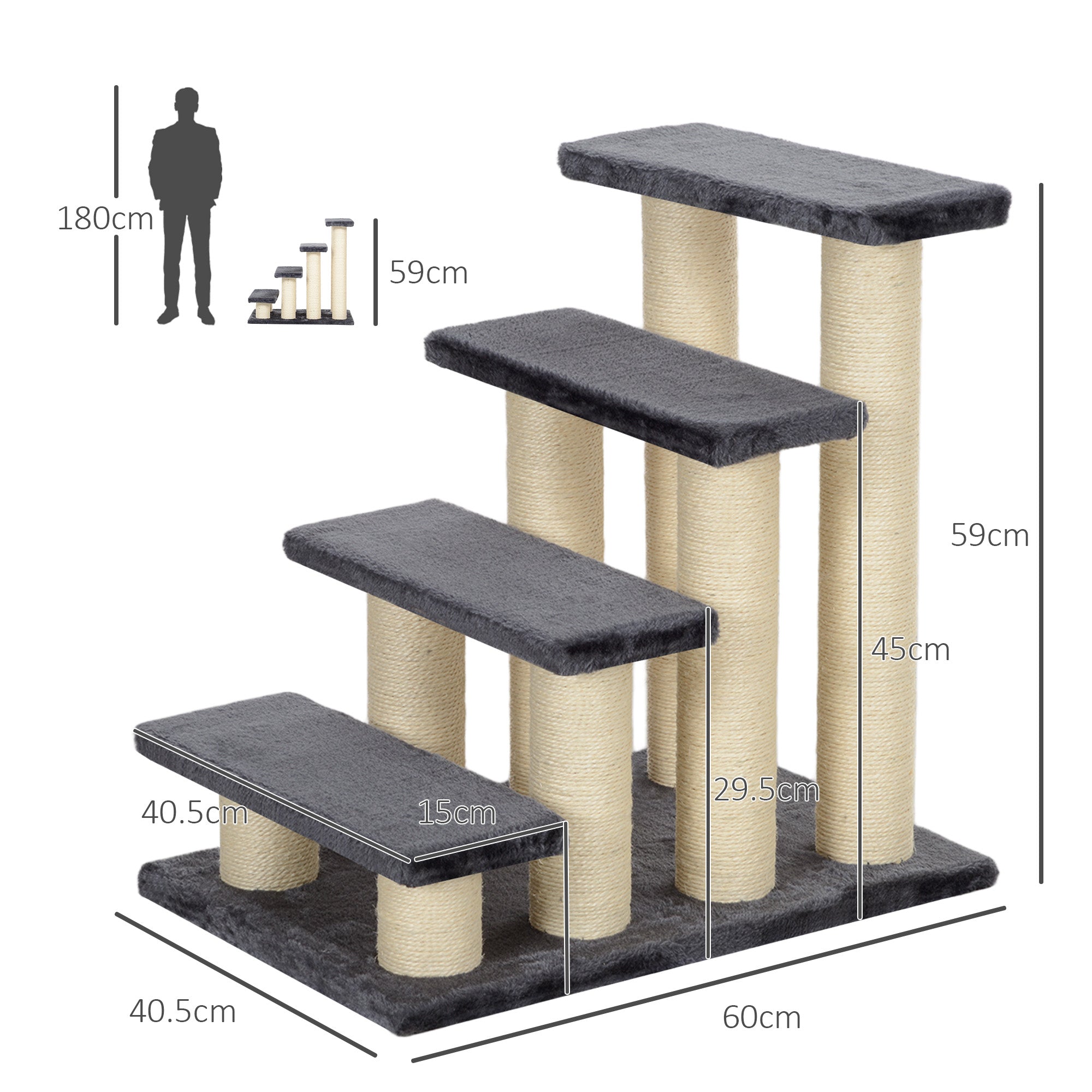 PawHut Hundetreppe 4 Stufen 59 cm Hoch Haustiertreppe für Katze und Hunde Hunderampe Katzentreppe Einstiegshilfe für Bett, Sofa, Couch Grau