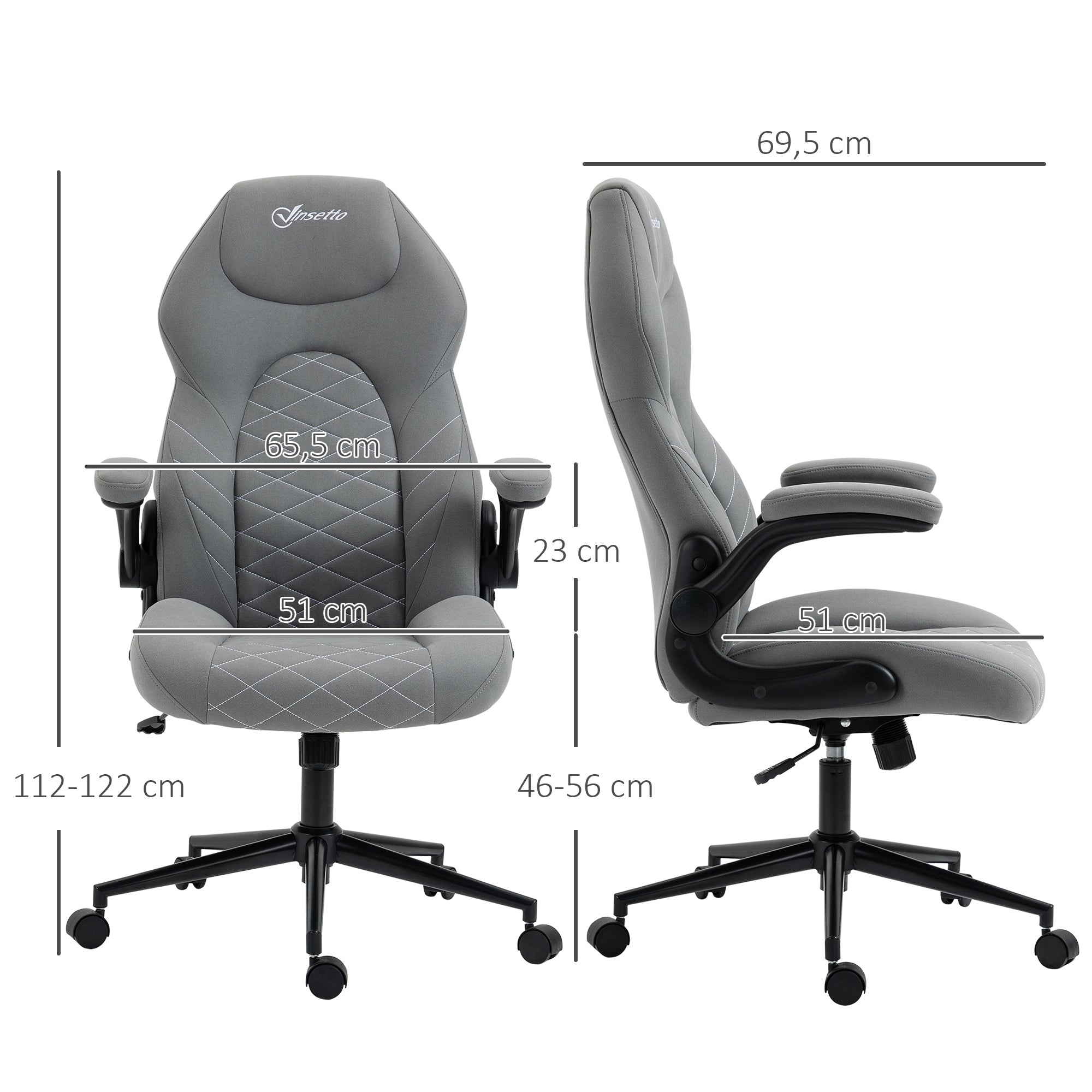 Vinsetto Bürostuhl mit Rückenlehne, höhenverstellbar, klappbare Armlehnen, Wippfunktion, Hellgrau