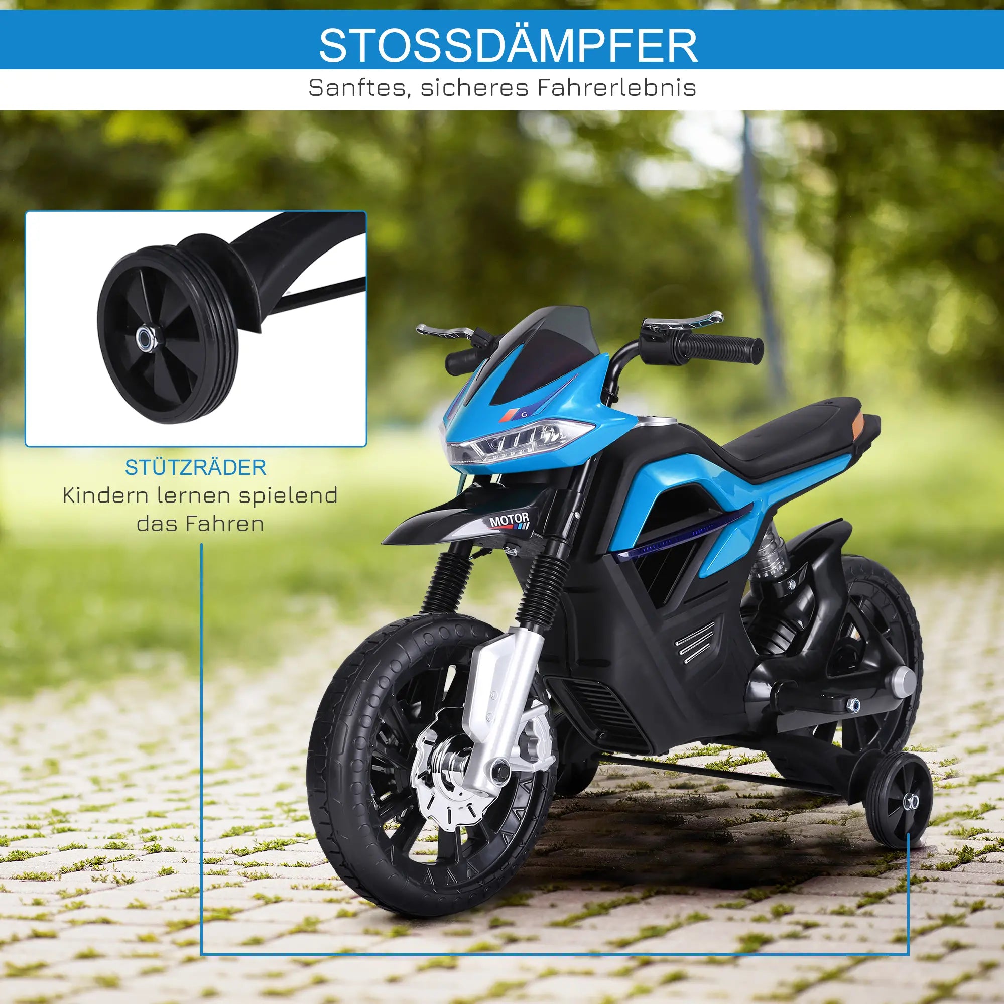 HOMCOM Kindermotorrad Elektrofahrzeug mit Licht Musik Stützrädern Blau
