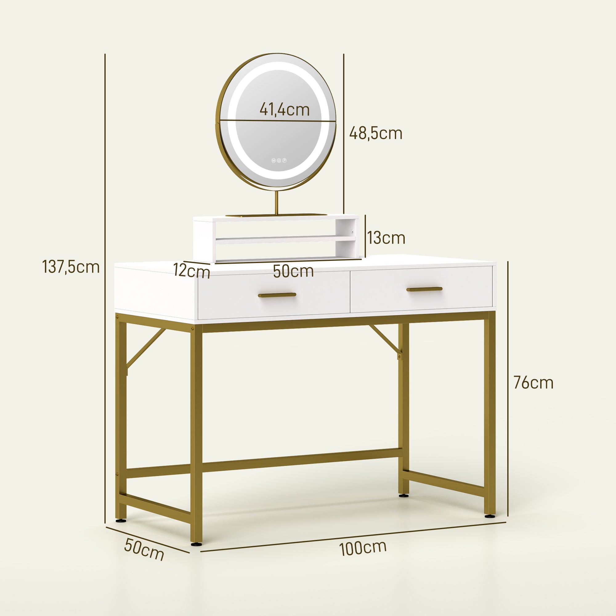 HOMCOM Kosmetiktisch mit 360° Spiegel, LED-Beleuchtung, 2 Schubladen, Weiß/Gold