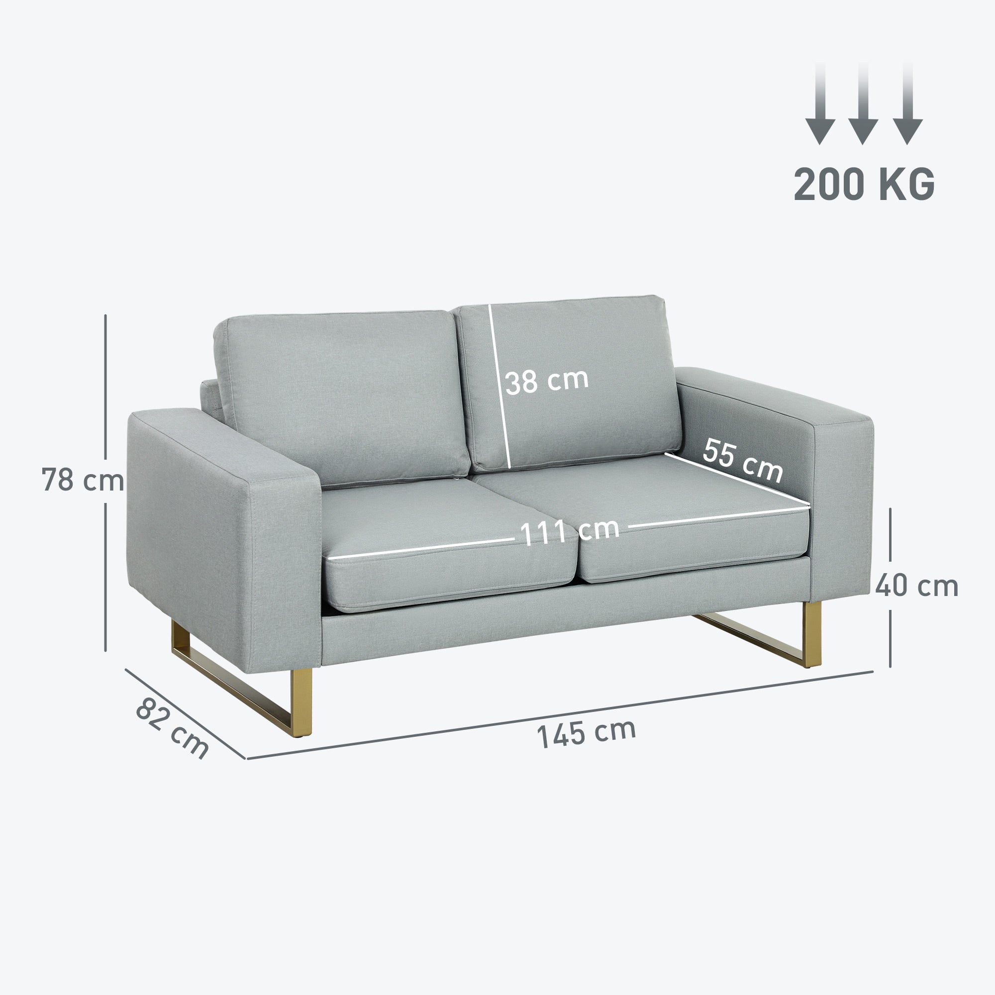 HOMCOM 2-Sitzer-Sofa, Couch mit Vollholzrahmen, Metallbeine, schlichtes Design, Hellgrau