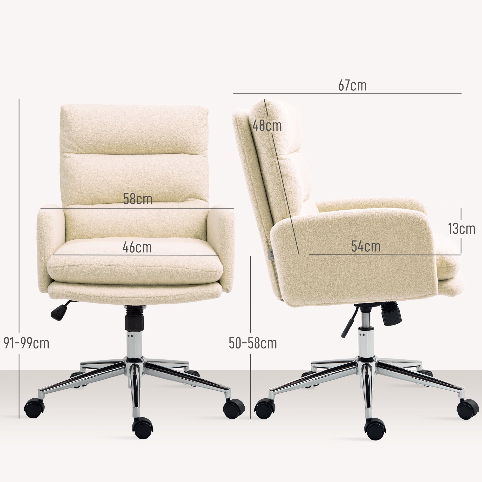 HOMCOM Bürostuhl, Schreibtisch-Polsterstuhl, Kippfunktion, drehbar, rollbar, Cremeweiß