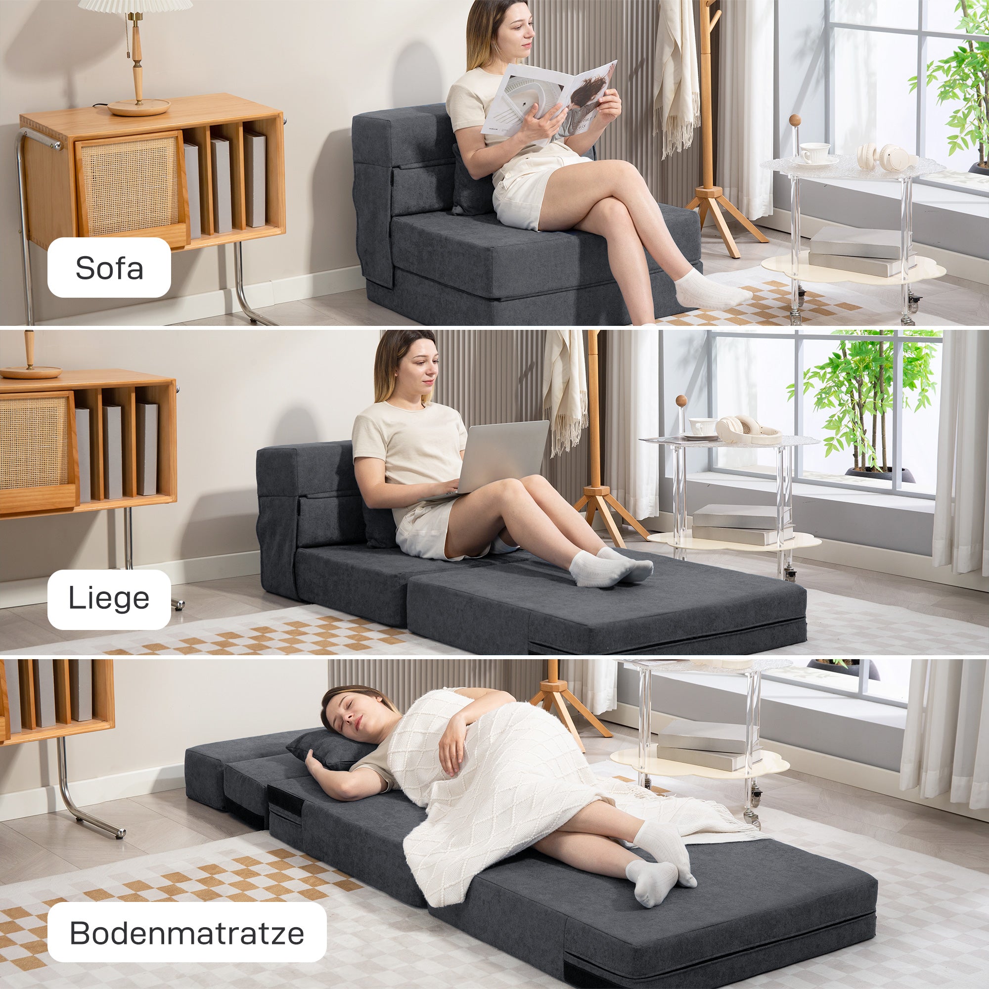 HOMCOM Bodensofa, Polstercouch, in Matratze umwandelbar, Schaumstoff, Kissen, Dunkelgrau
