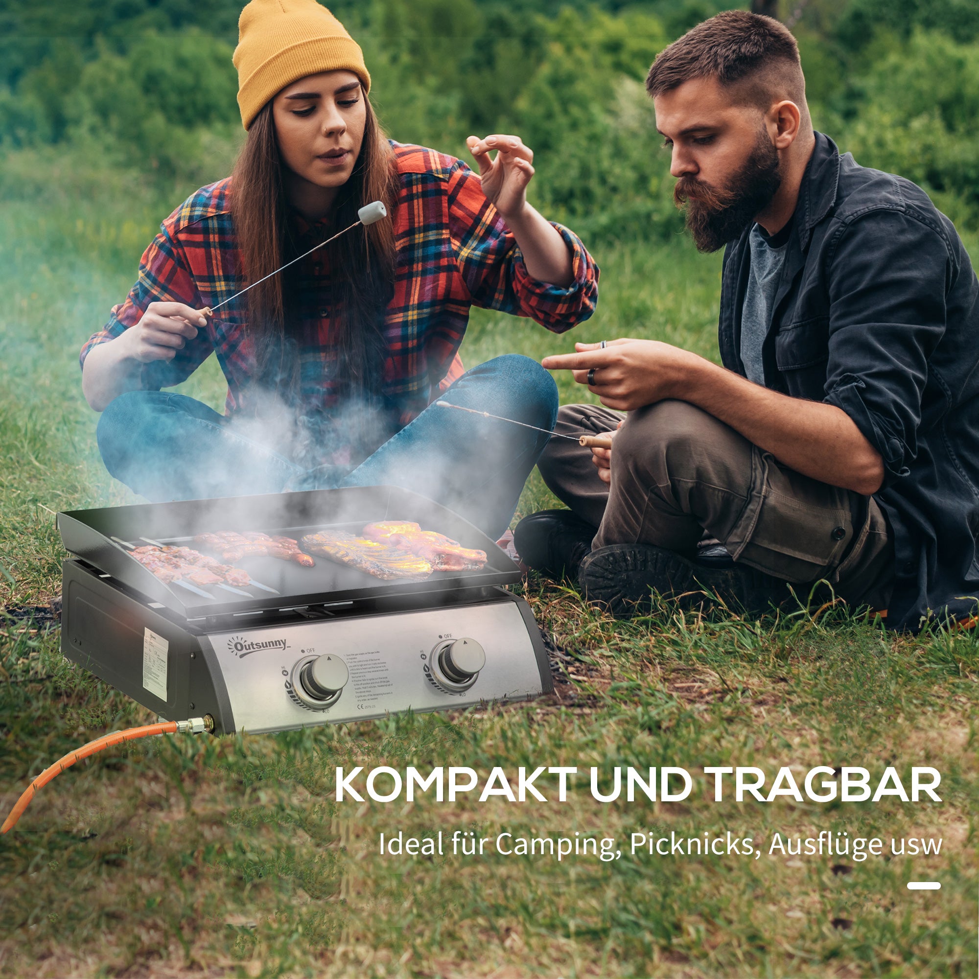 Outsunny Gasgrill mit 2 Brennern, Schlauch, Antihaft-Grillplatte, Edelstahl, Farbe: Silber, 48,5 x 46 x 21 cm