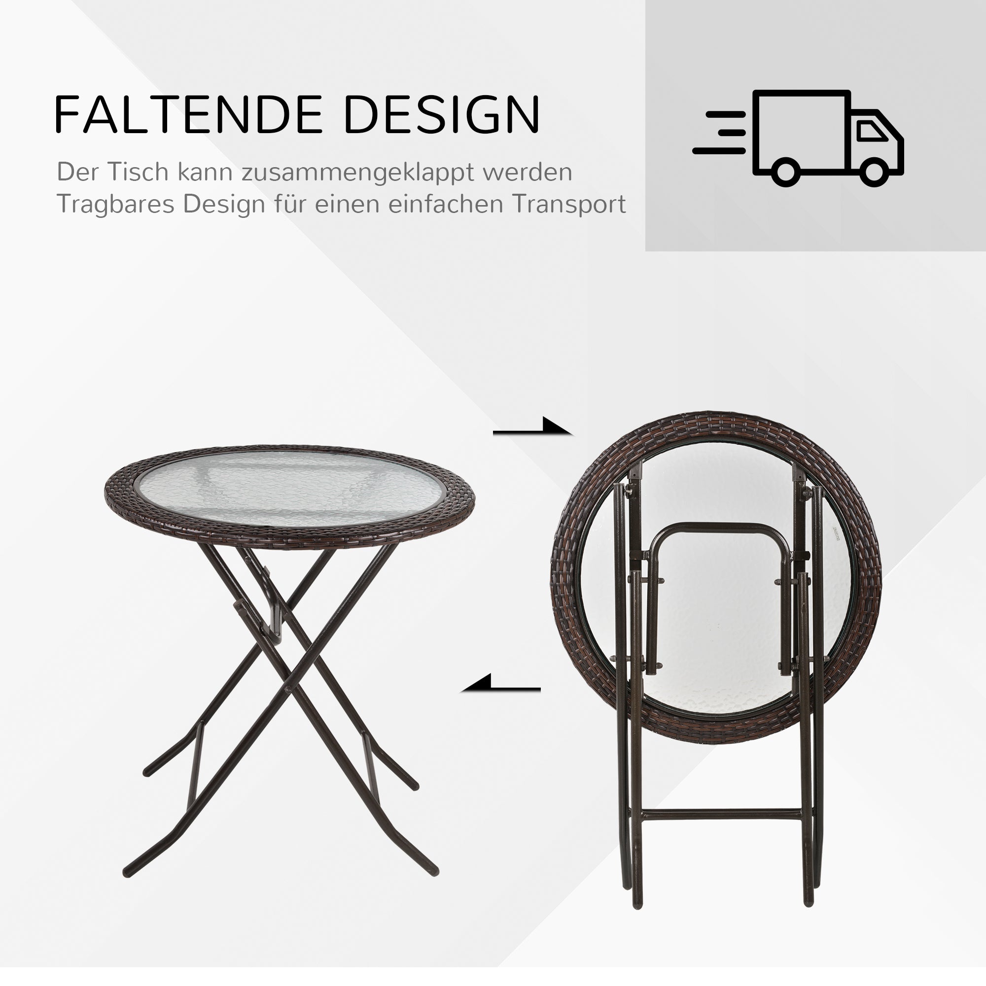 Outsunny Gartentisch, klappbar, Hartglastischplatte, Stahlrahmen, Rattan-Dekor, braun, 68 x 68 x 73 cm