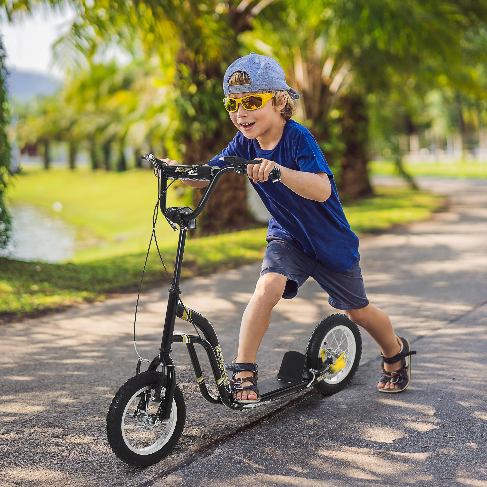 HOMCOM Kinderroller ab 5 Jahre Scooter Kinderscooter Tretroller Cityroller Kinder Roller Kickboard mit Luftreifen 12 Zoll Gummi Aluminium Schwarz 120 x 58 x 85-95 cm