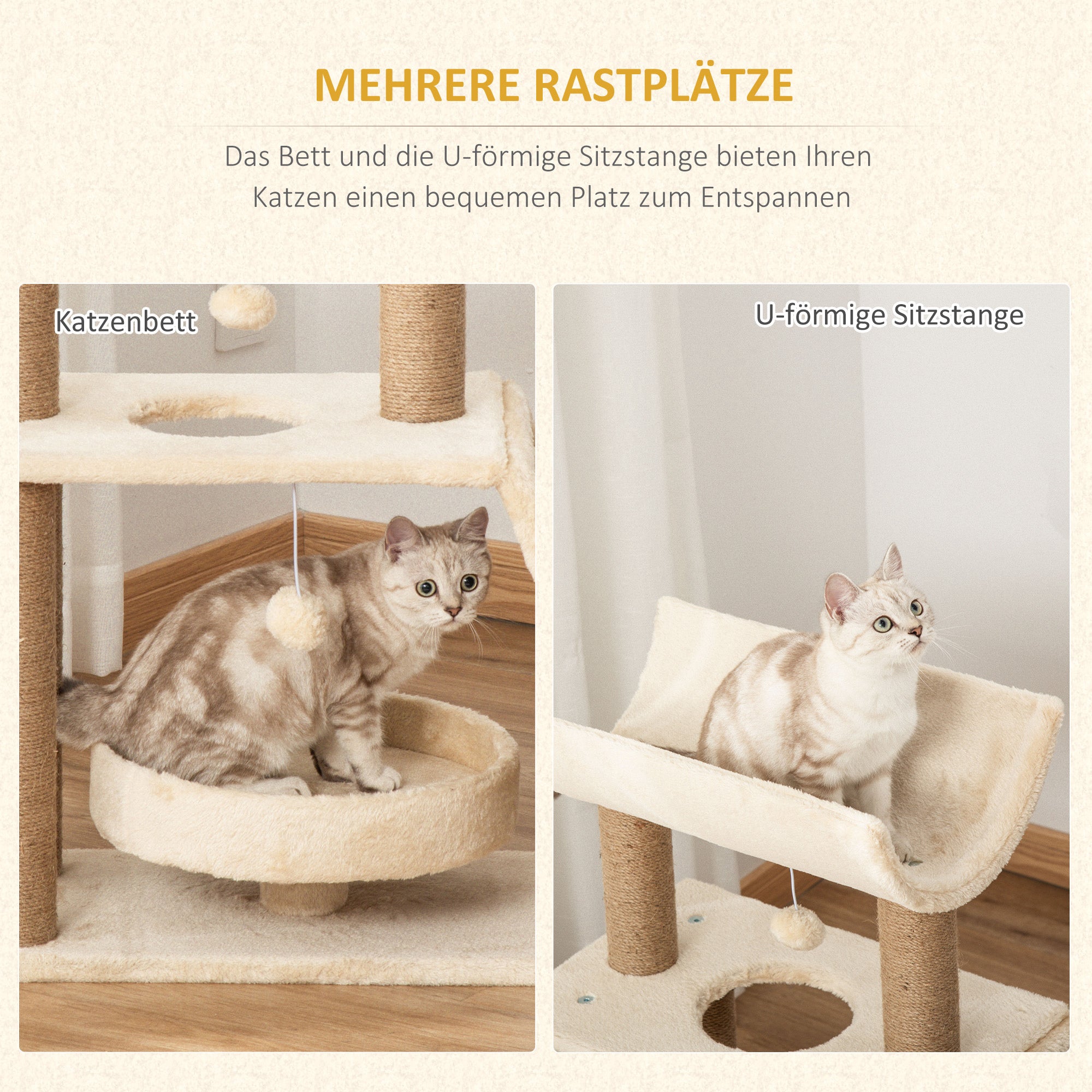 PawHut Kratzbaum Katzenbaum, inkl. Spielzeug und Katzenbett, 60 cm x 30 cm x 76 cm, Creme + Natur