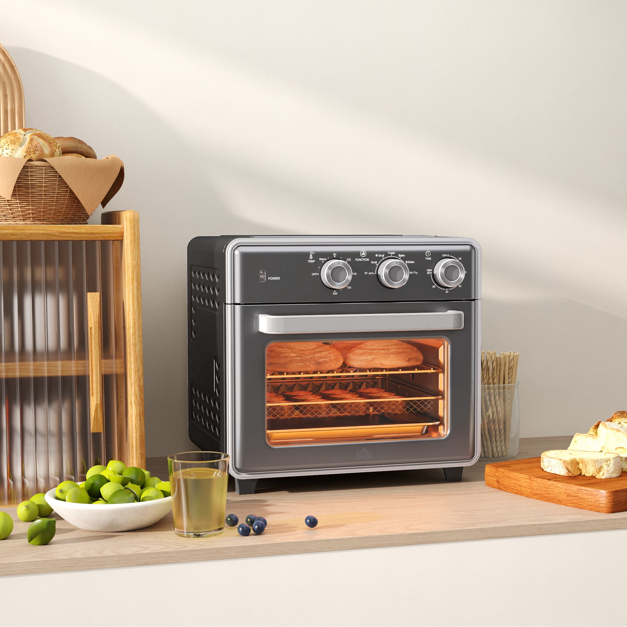 HOMCOM Minibackofen, 20L, 5 Funktionen, 360° Heißluft, Grillrost, Krümelblech, Grau