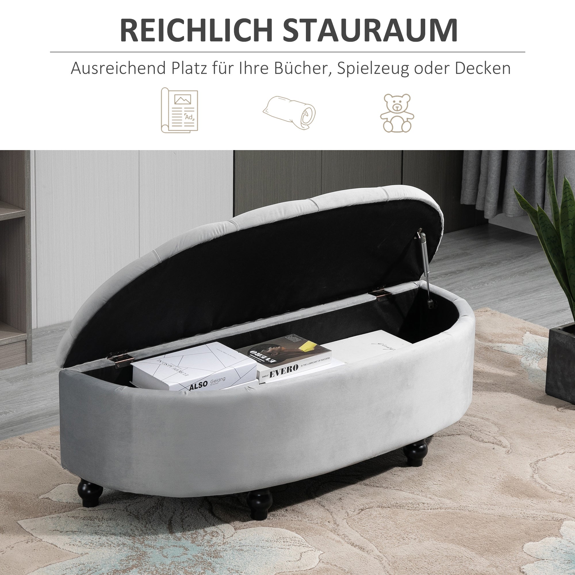 HOMCOM Sitzbank mit Stauraum Polsterbank mit Samtoptik, geöffnetem Deckel Sitztruhe mit Holzbeine, Truhenbank für Wohnzimmer Flur Schlafzimmer 120 x 46 x 42 cm, Grau