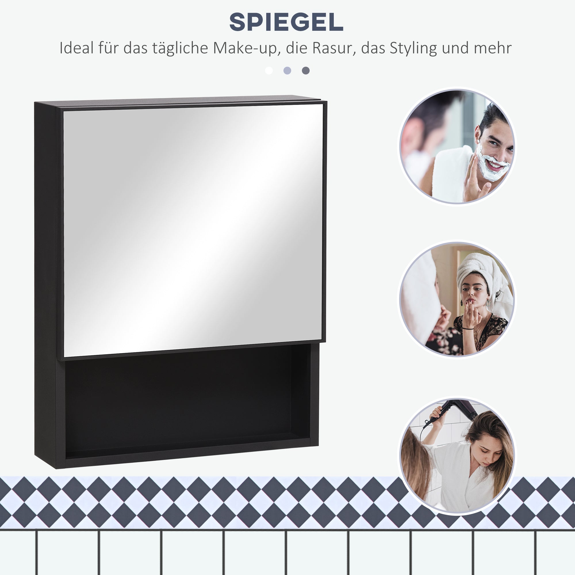 kleankin Spiegelschrank, 2 Innenböden, offenes Regalfach, Stahlgehäuse, schwarz, 46 x 13,5 x 58 cm