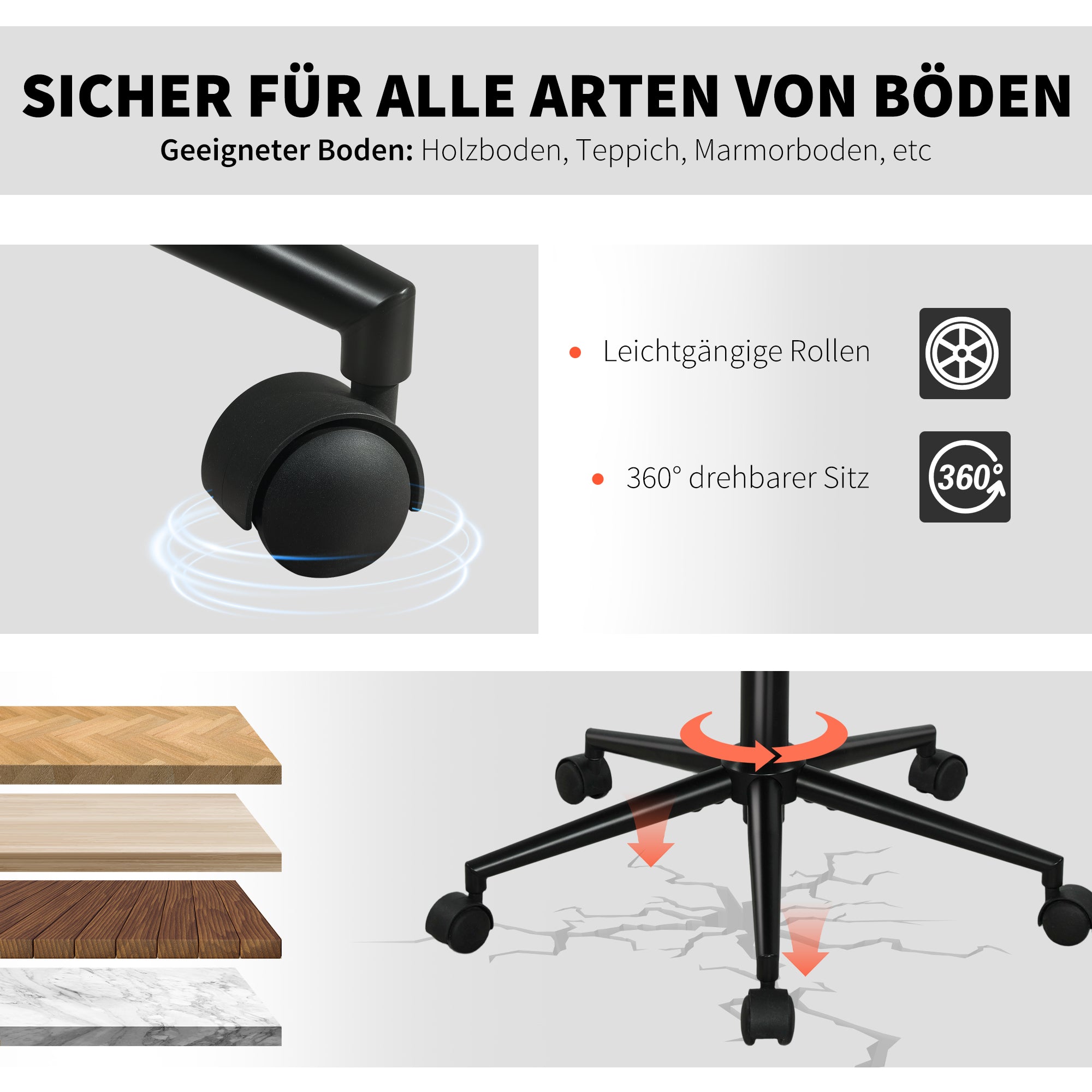 HOMCOM Drehbarer Bürostuhl mit Rollen, Schreibtischstuhl, Fleece-Stoff, Schaumstoff, höhenverstellbar, Homeoffice, Cremeweiß