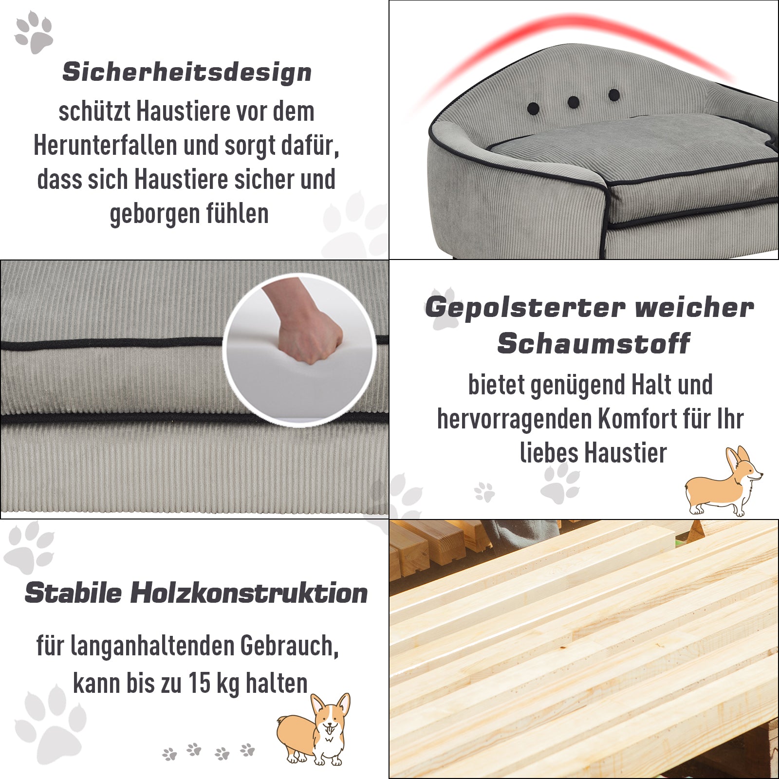 PawHut Haustiersofa, Hundebett, Hundematte, Hundesofa, Naturholz+Plüsch, Grau, 66,5 x 45 x 35,5 cm