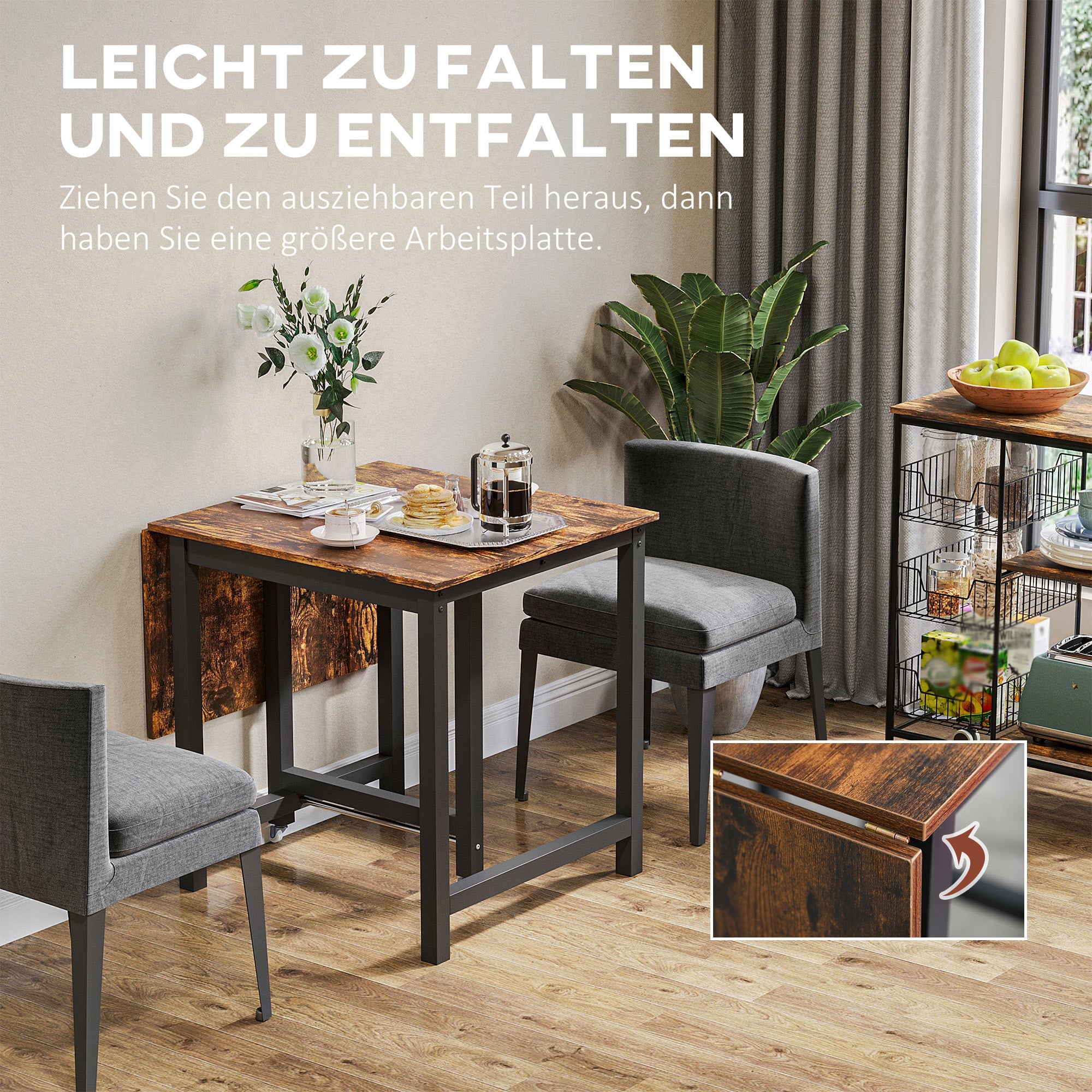 HOMCOM Faltbarer Esstisch, Industrieller Tisch, klappbar, aus Metall und Holz, platzsparend, Braun