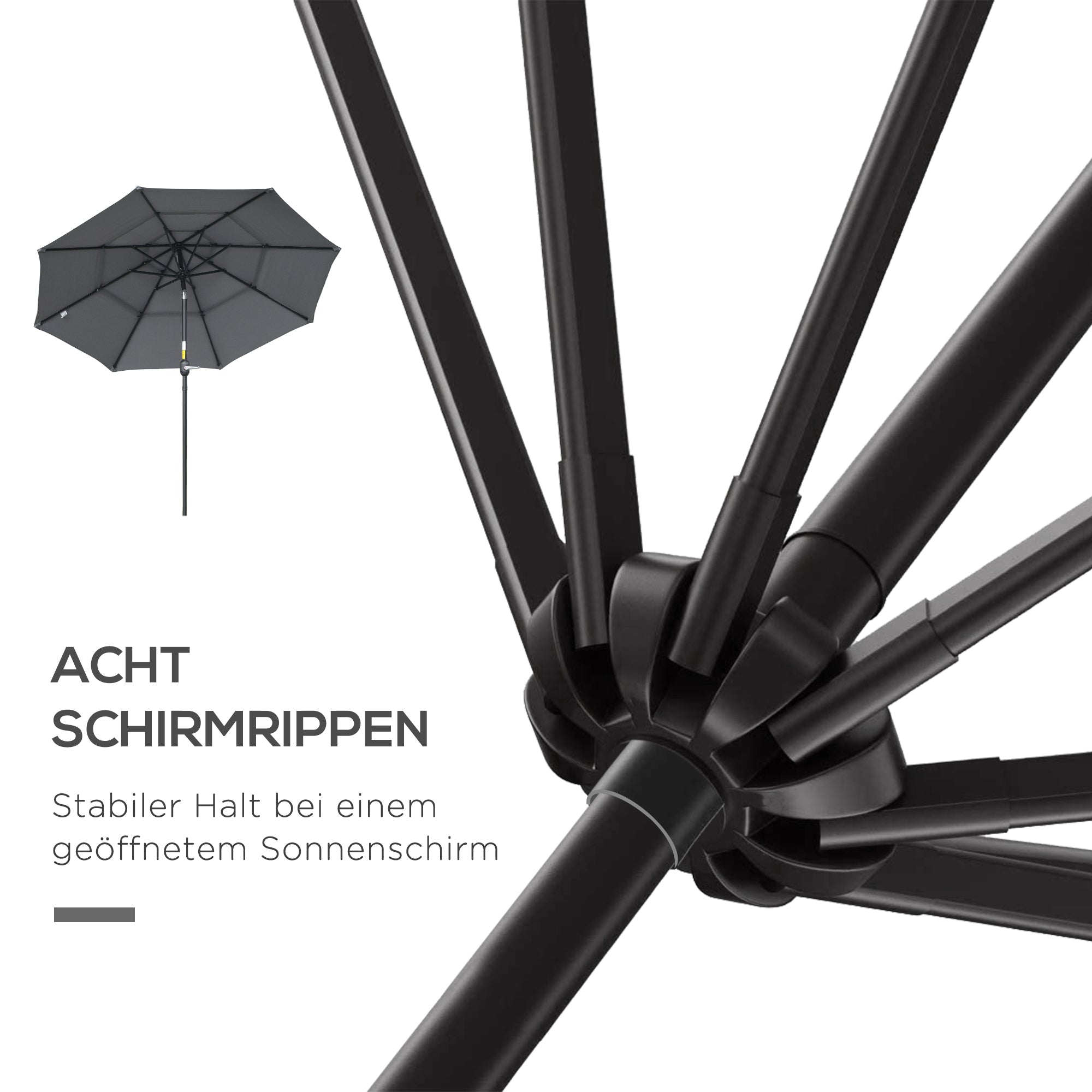 Outsunny 2,6 m Sonnenschirm mit 3-stufigem Dach Handkurbel Terrassenschirm drehbar Marktschirm 8 Rippen Gartenschirm mit Sonnenschutz Stahl Polyester Dunkelgrau