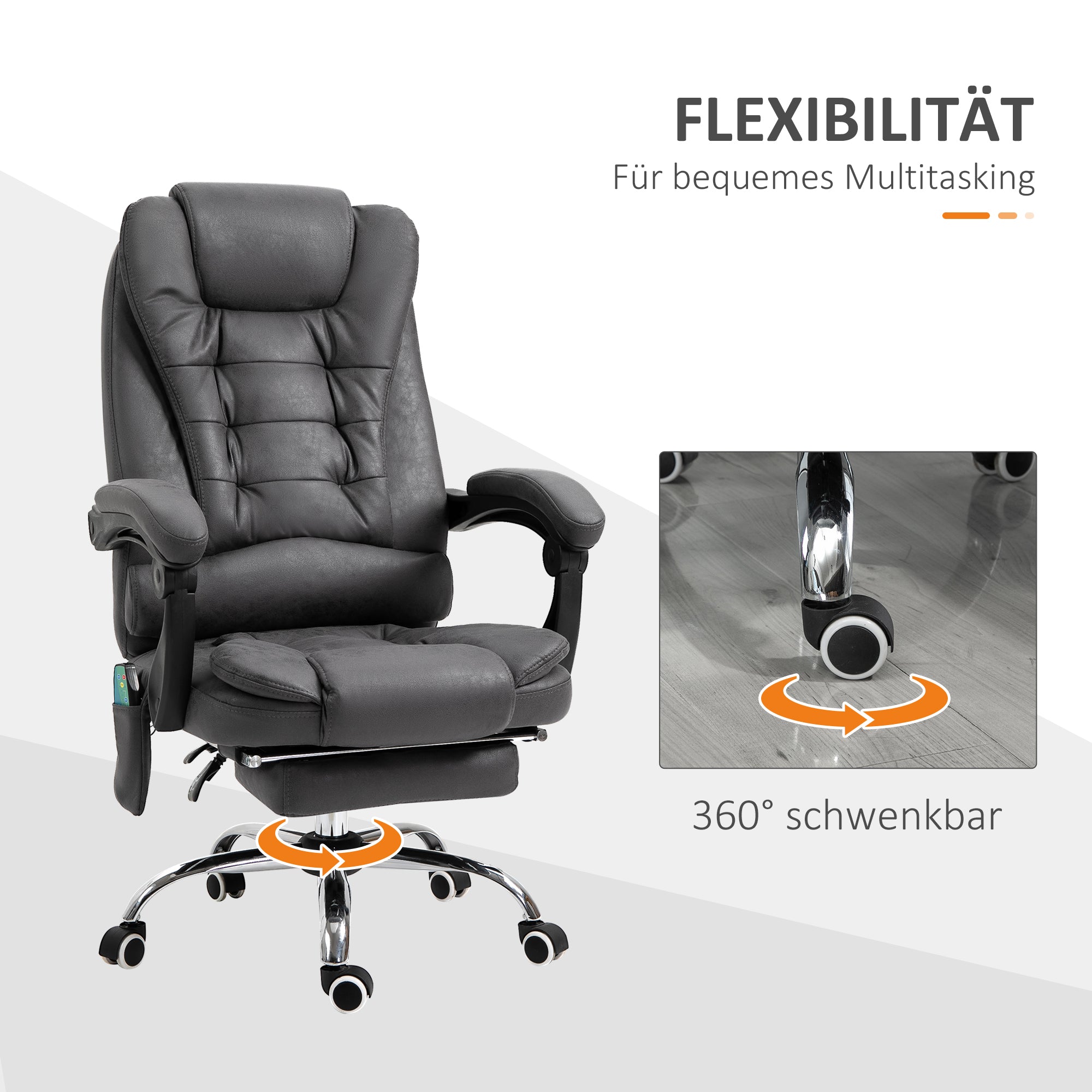 Vinsetto Bürostuhl mit Massagefunktion, ergonomisch, 65x160x104cm, Grau