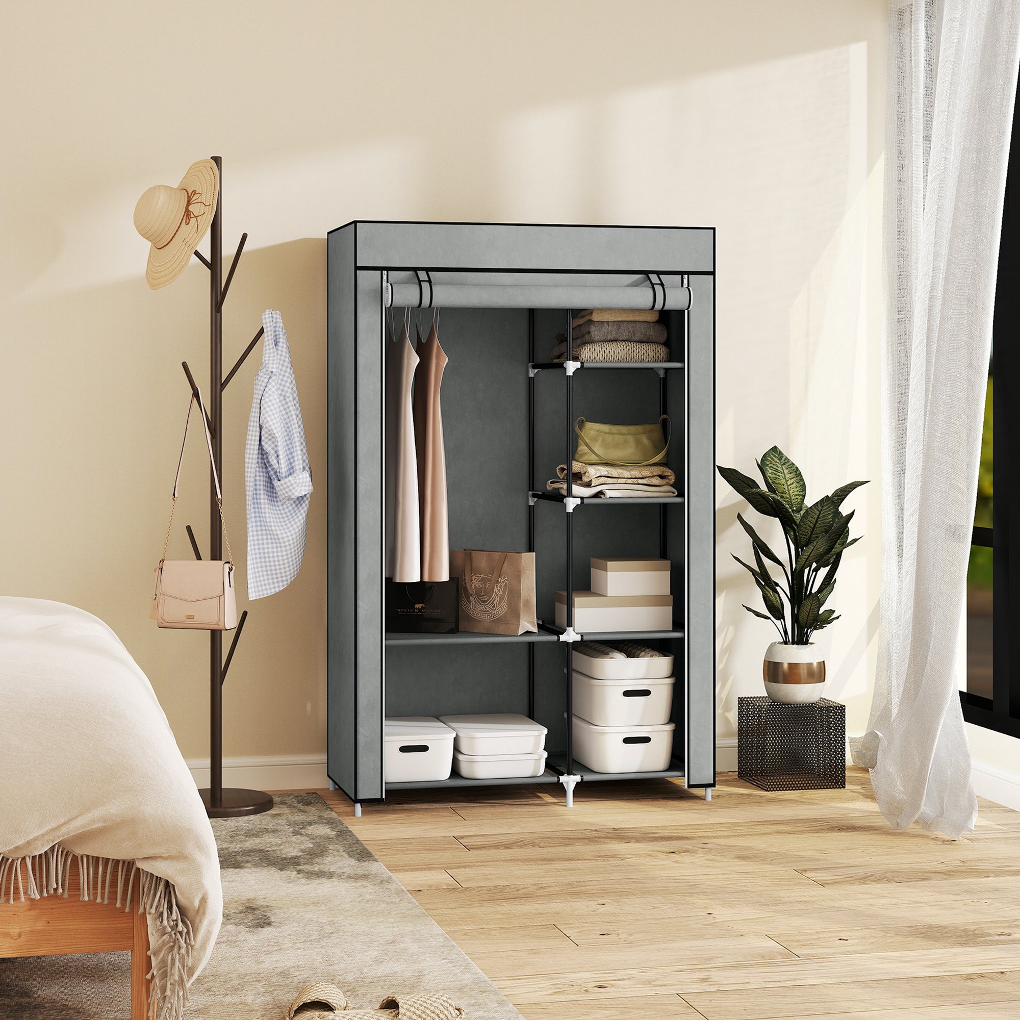HOMCOM Schrank aus Stoff, Aufbewahrungslösung, 6 Regale, 1 Kleiderstange, Grau