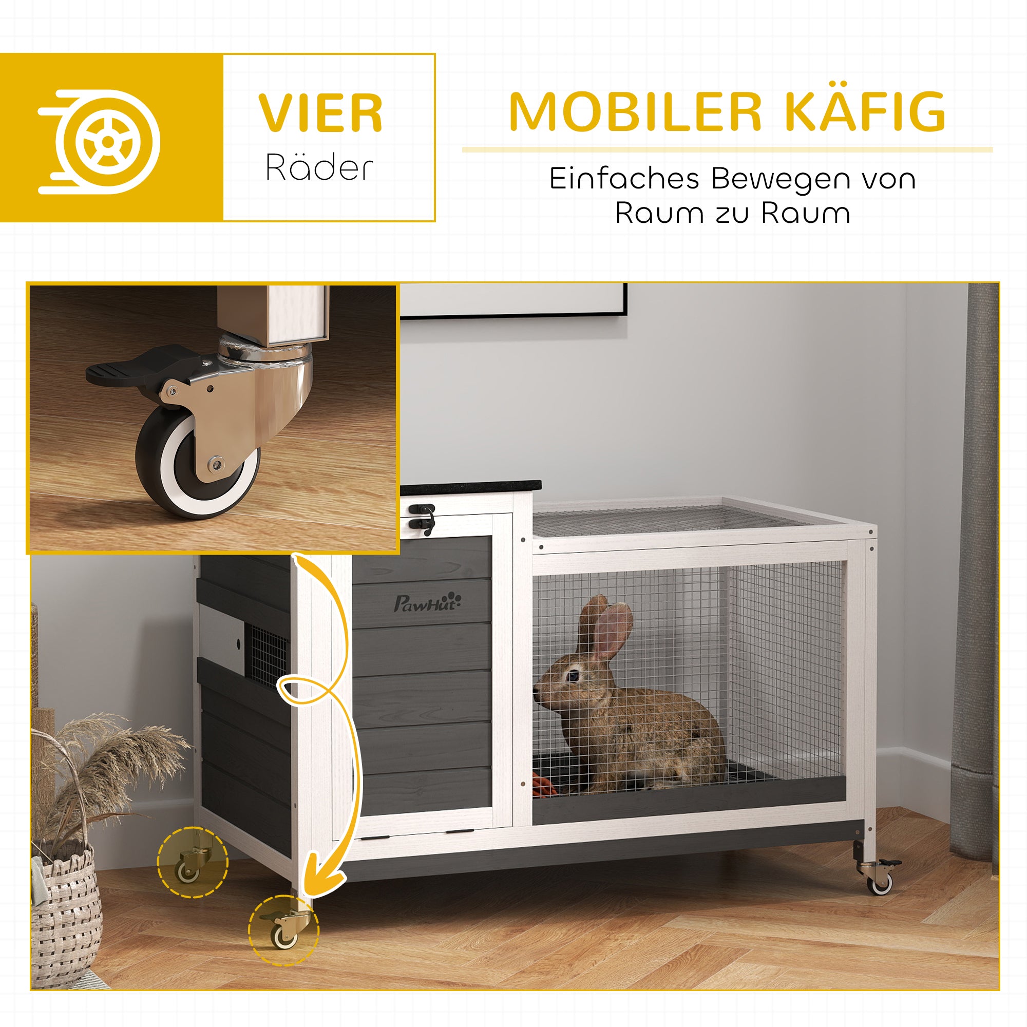 PawHut Kaninchenstall aus Holz Hasenstall mit Freilaufgehege Rädern Klappdach für Innen, draußen 92 x 52 x 67 cm Dunkelgrau