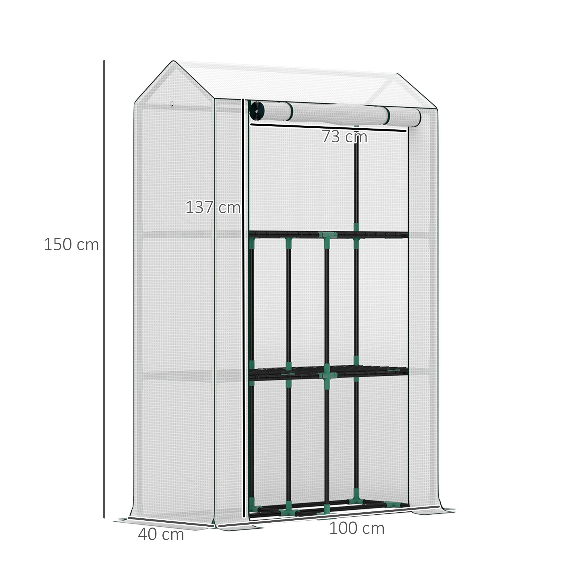 Outsunny Gewächshaus mit 3-Stufen-Regal, UV-beständige Kunststoffabdeckung, Rolltür, 100 x 40 x 150 cm, Weiß