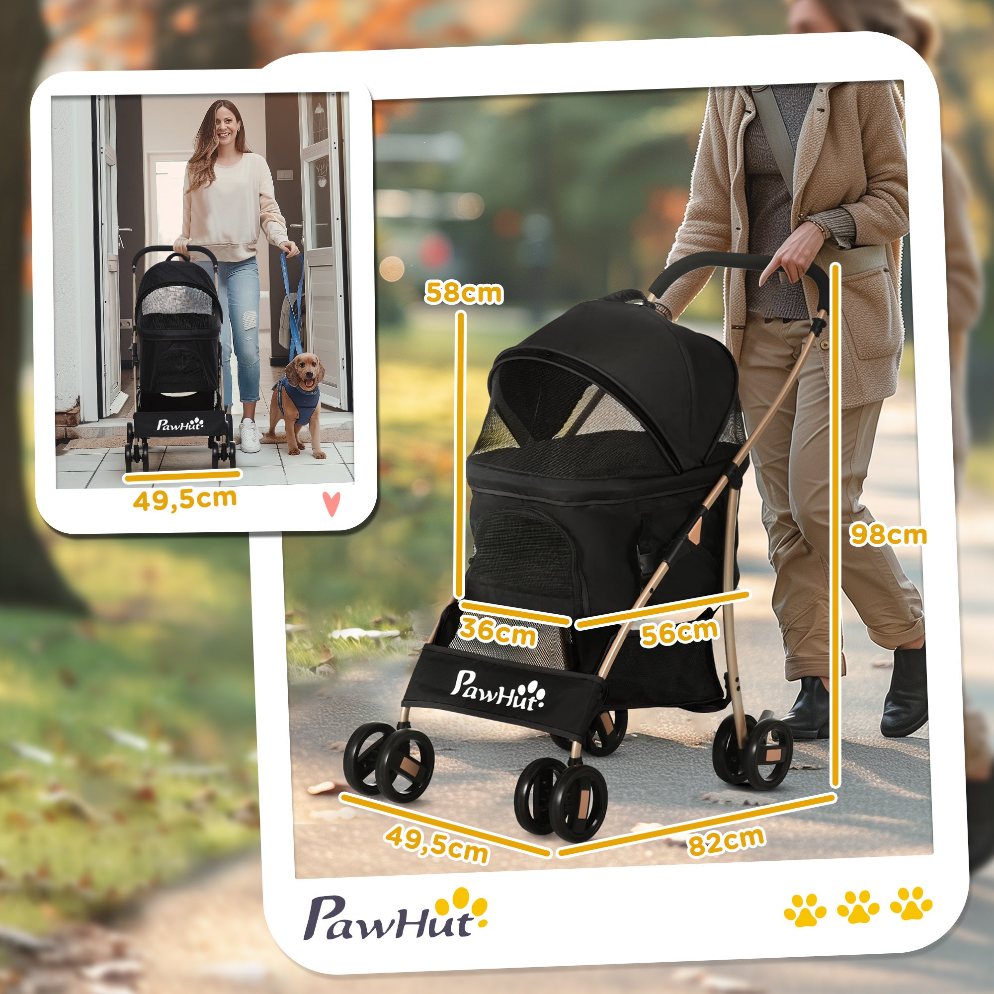 PawHut 2-in-1 Hundewagen und Transportkorb bis 10 kg Klappbar Netzfenster Bodenkorb 82 cm x 49,5 cm x 98 cm Schwarz