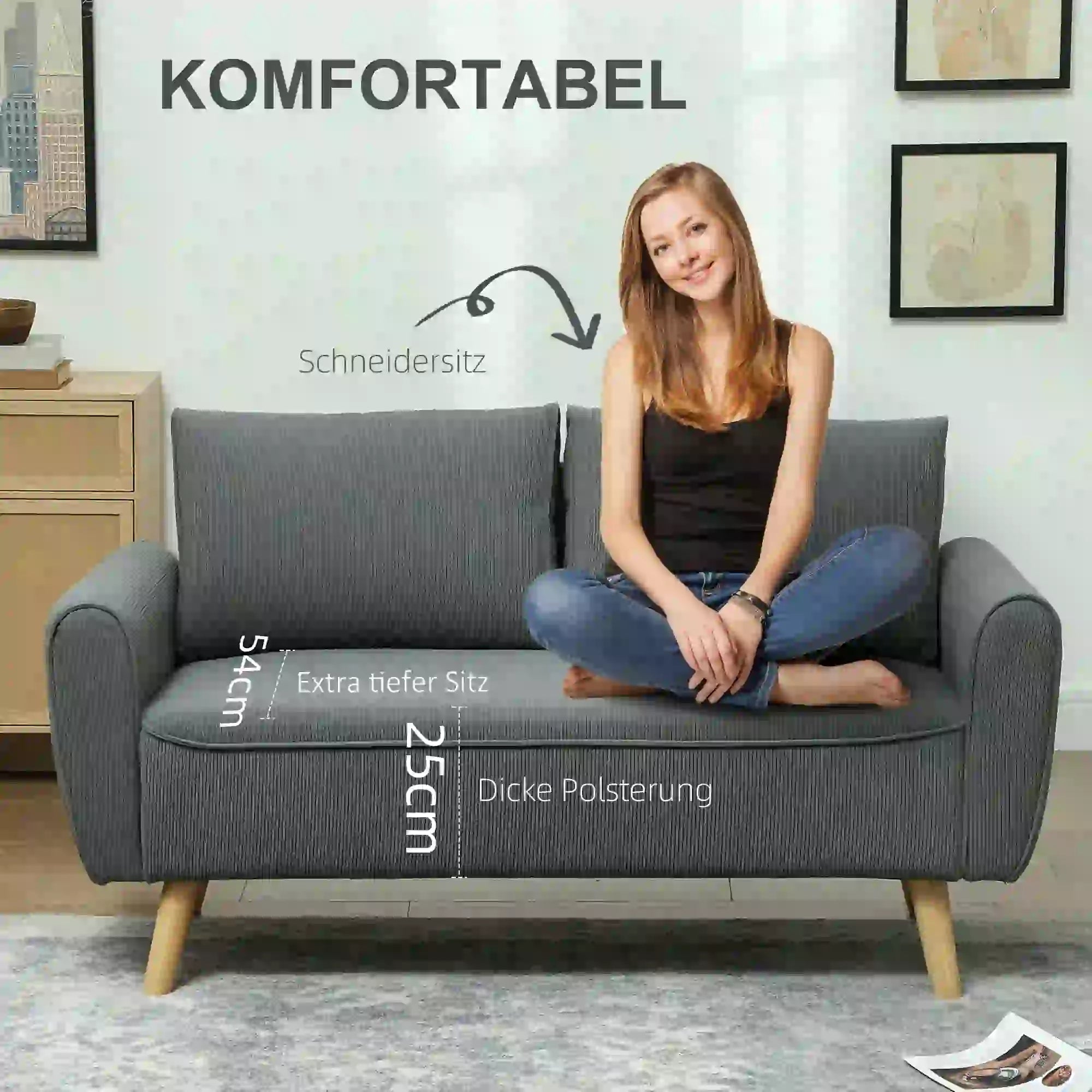 HOMCOM Zweisitzer Sofa Cord tiefe Sitze abnehmbare Kissen Dunkelgrau