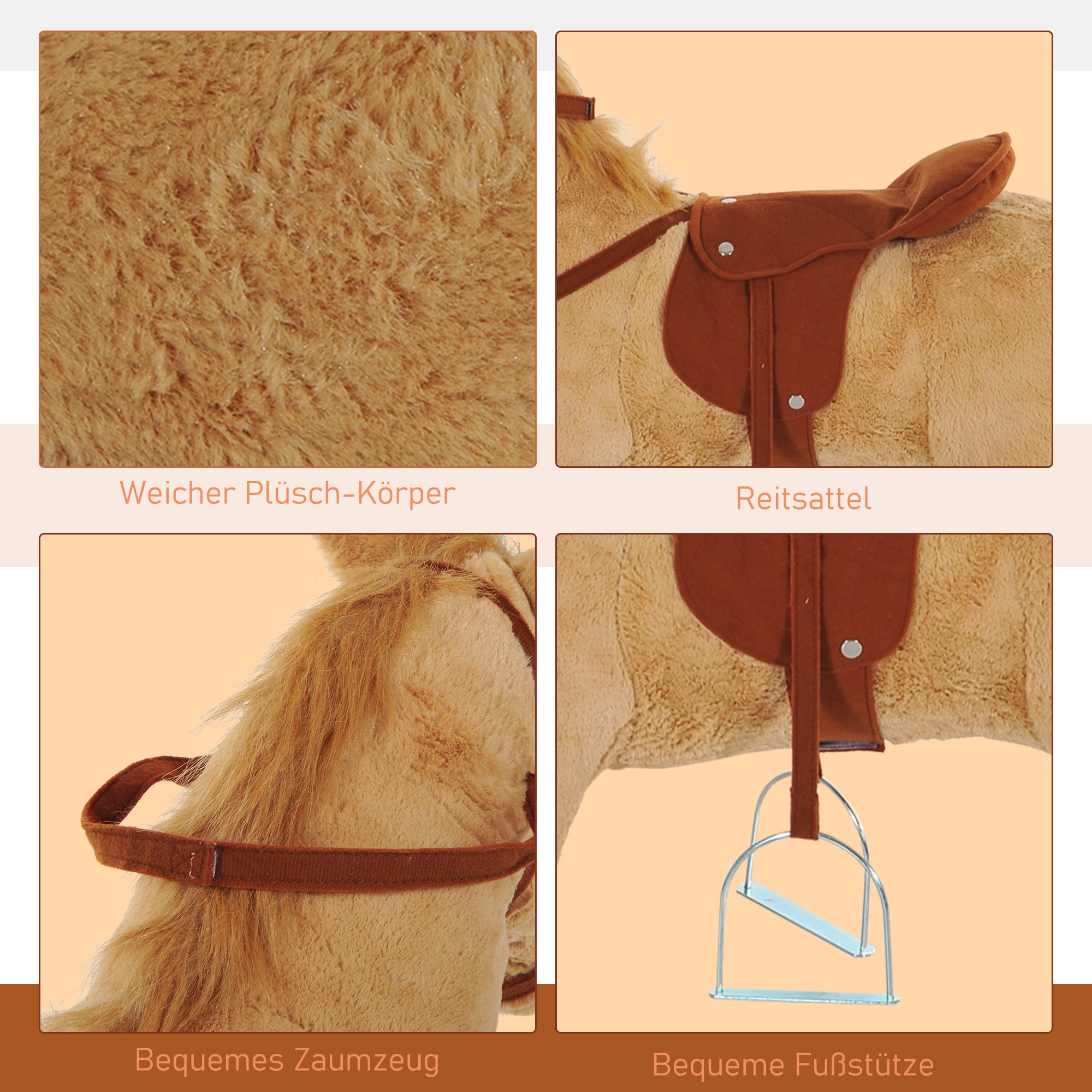 HOMCOM Reitpferd auf Rollen 60 cm Stehpferd mit Sattel, Zaumzeug Steigbügel Sound Spielpferd zum Reiten Draufsitzen Schaukeltier für Kinder ab 2 Jahre, Schaukelpferd Plüschpferd Indoor Outdoor Beige