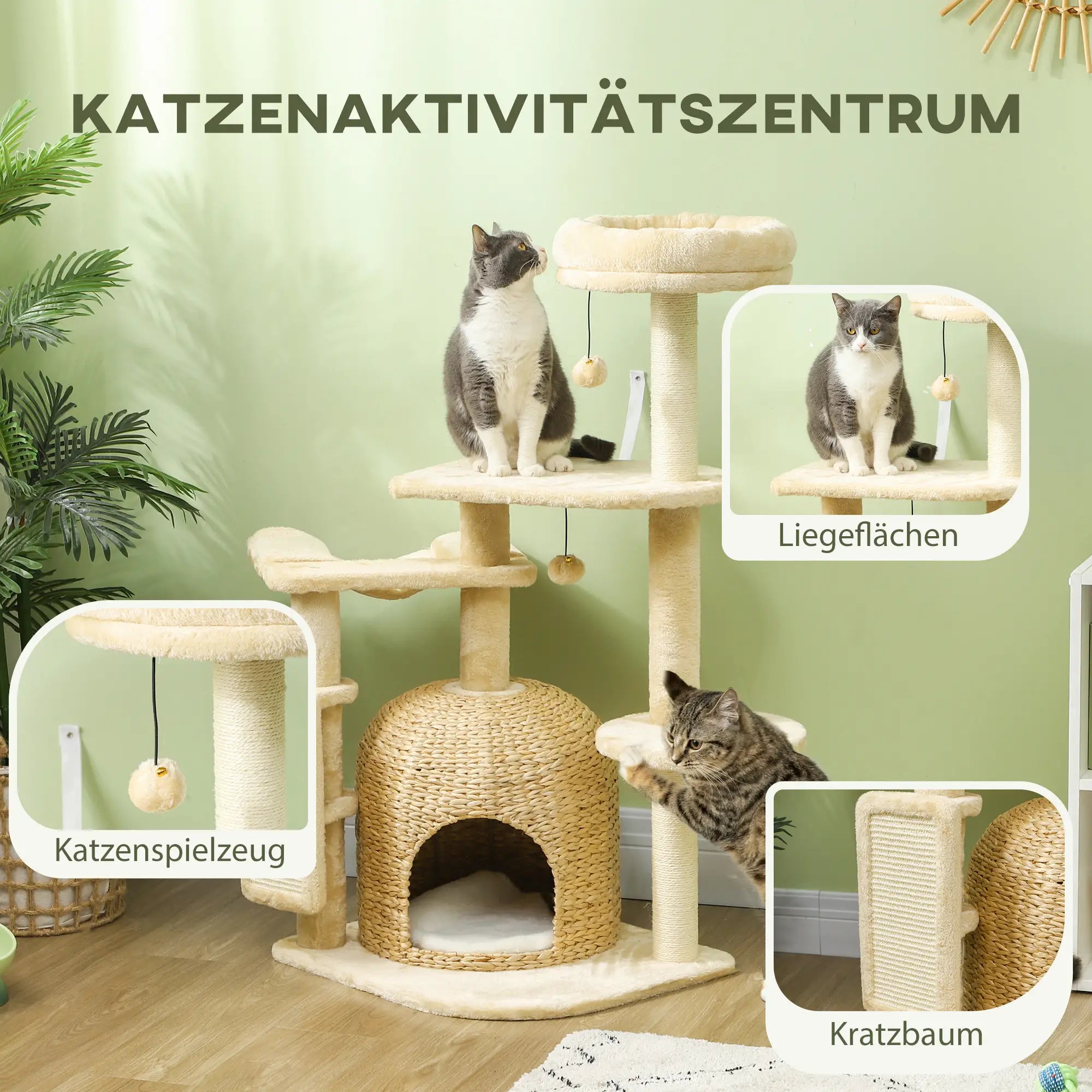 PawHut Kratzbaum 112?cm mit Höhle & Spielbällen Beige