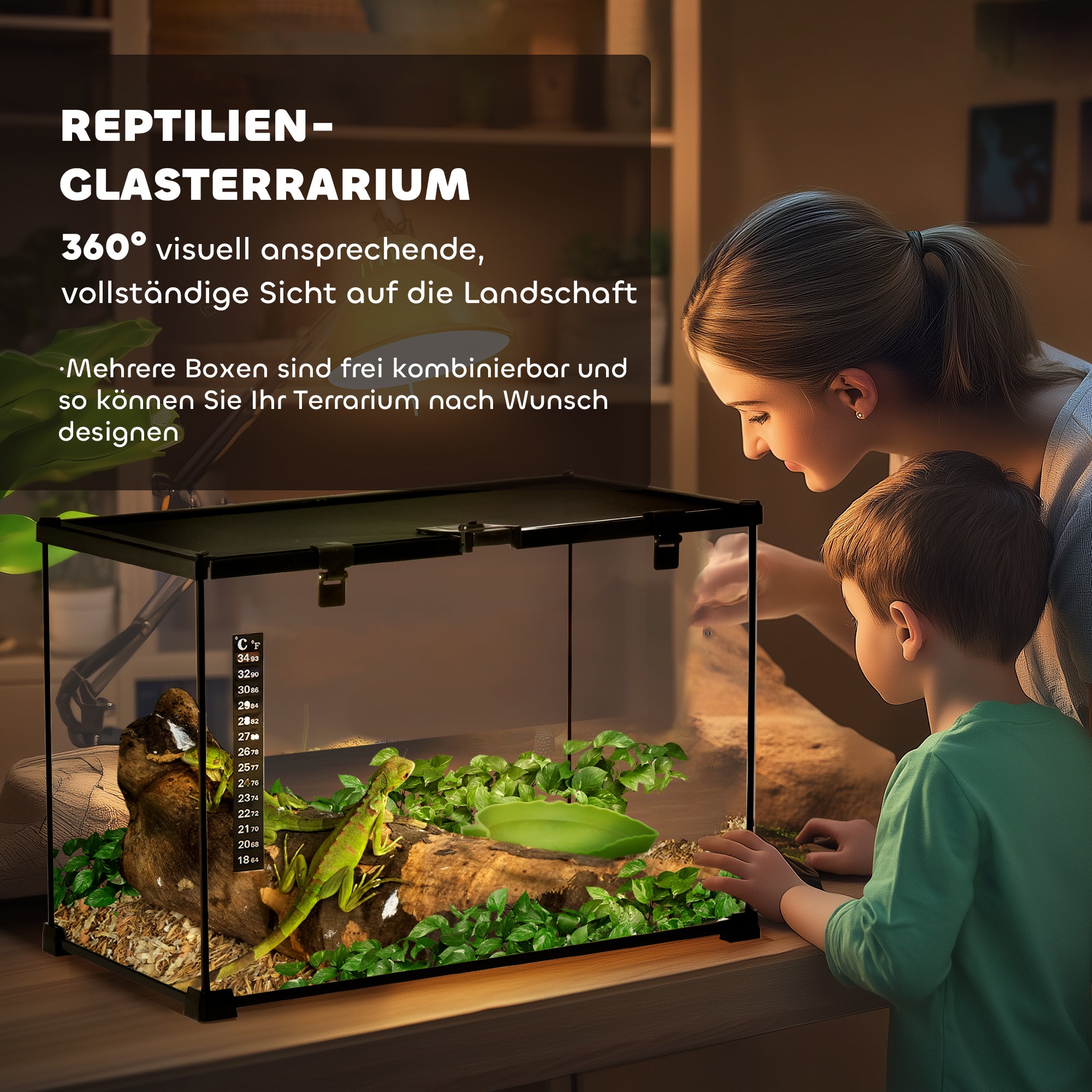 PawHut Terrarium für Reptilien Reptile Fütterungsbox Glasterrarium Amphibien Spinnentiere mit Thermometer Reptilienzuchtbox Metall Schwarz 50 x 30 x 35 cm