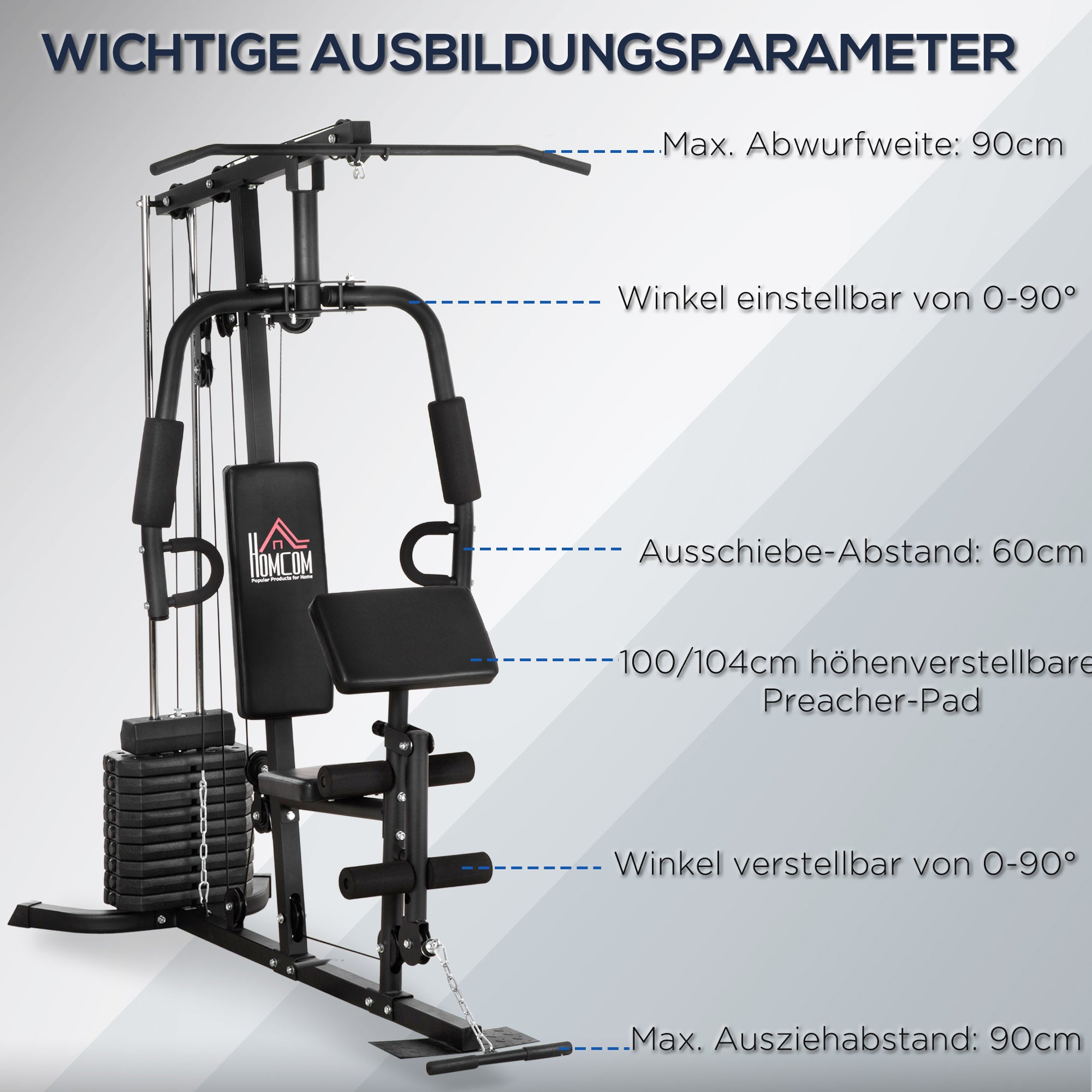 HOMCOM Kraftstation mit 45 kg Gewichtsblock 180 x 108 x 200cm Stahl Schwarz