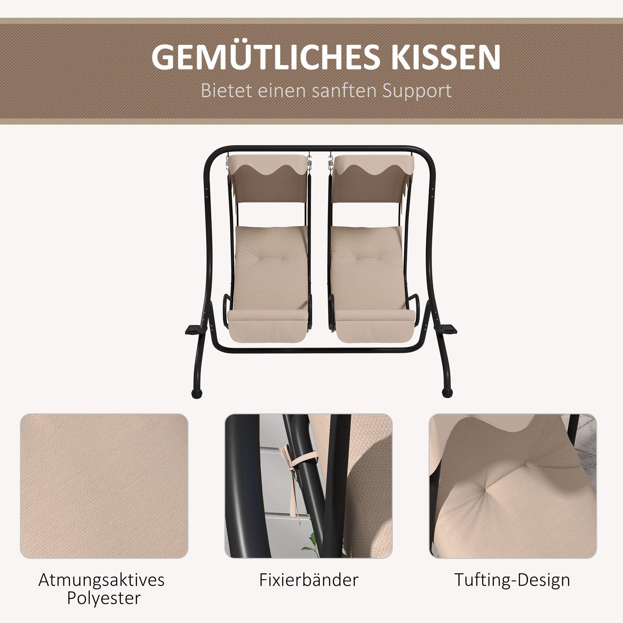 Outsunny Hollywoodschaukel Gartenschaukel, wetterbeständig,2 getrennte Size, 2 Getränkehalter, 170 cm x 136 cm x 170 cm, Beige