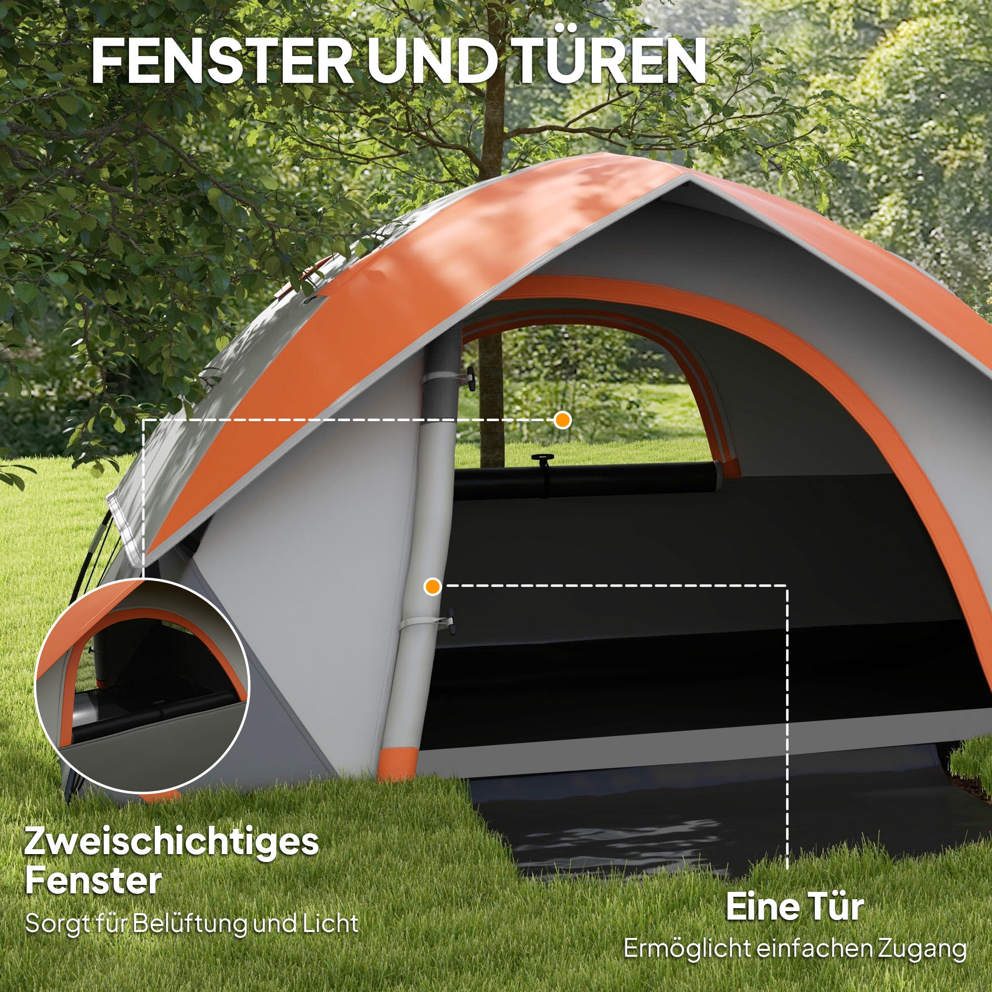 Outsunny Kuppelzelt für 2 Personen leicht, stabil wasserdicht Familienzelt mit Tür&Fenster Packtasche Grau+Rostrot