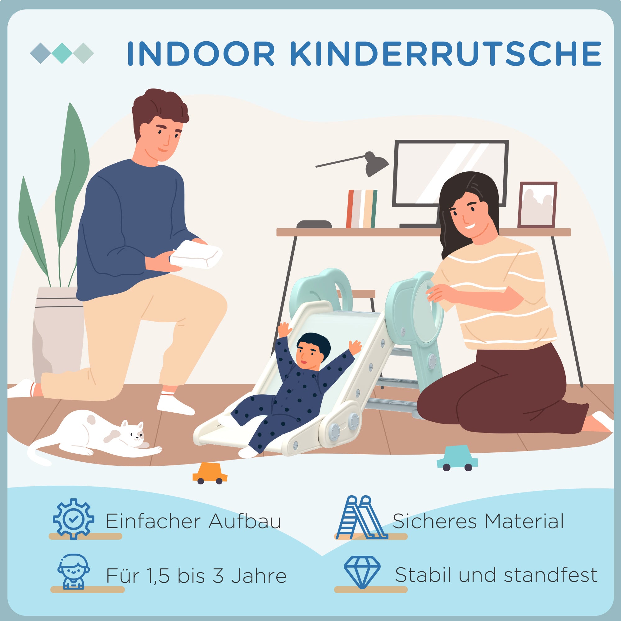 AIYAPLAY Rutsche für Kleinkinder, klappbar, Indoor, rutschfeste Stufen, erhöhter Sicherheitsrand, grün