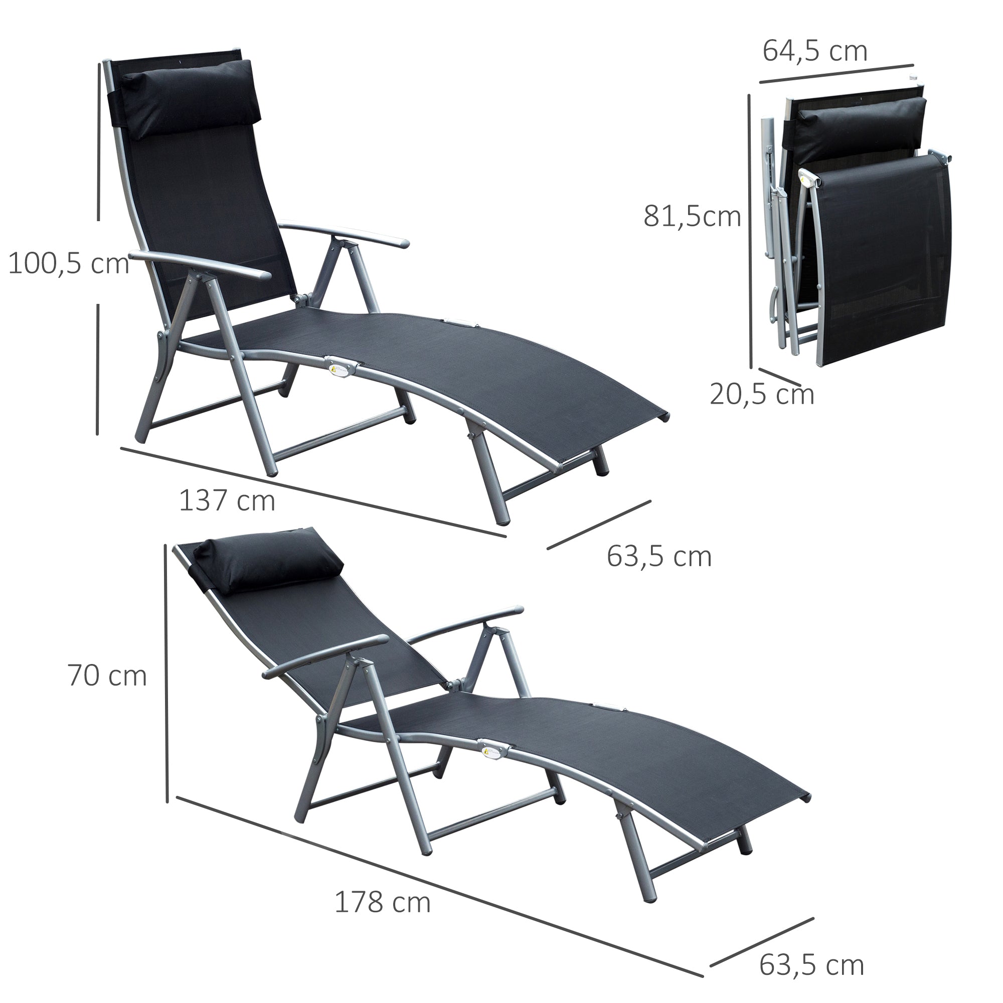 Outsunny Sonnenliege klappbar Strandliege mit Kissen Liegestuhl mit 7-Fach verstellbare Rückenlehne Gartenliege Relaxliege Gartenstuhl bis 165 kg belastbar, für Garten Urlaub Outdoor, Schwarz