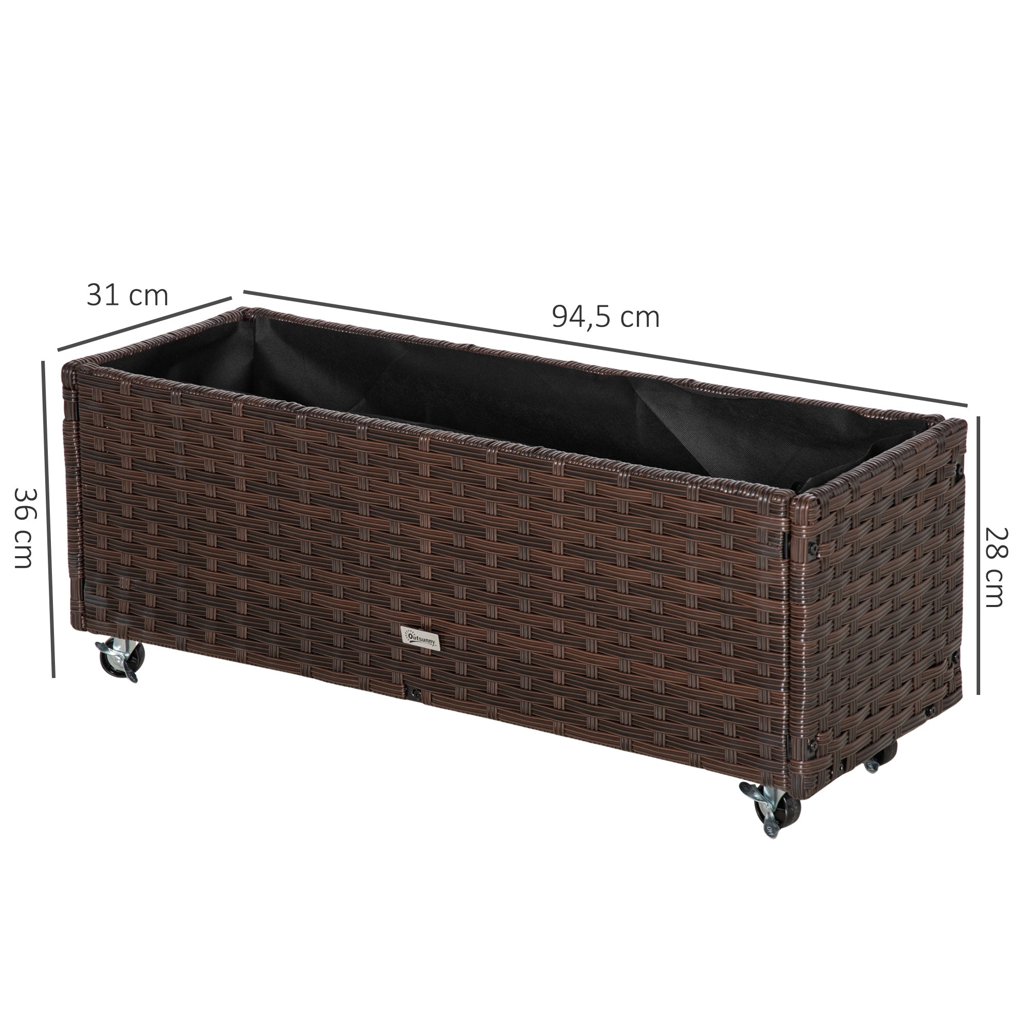Outsunny Hochbeet Poly Rattan mit Rollen Pflanzkasten mit Abflusslöchern Blumenkasten Blumenkübel Kaffee-Braun 94,5 x 31 x 36 cm