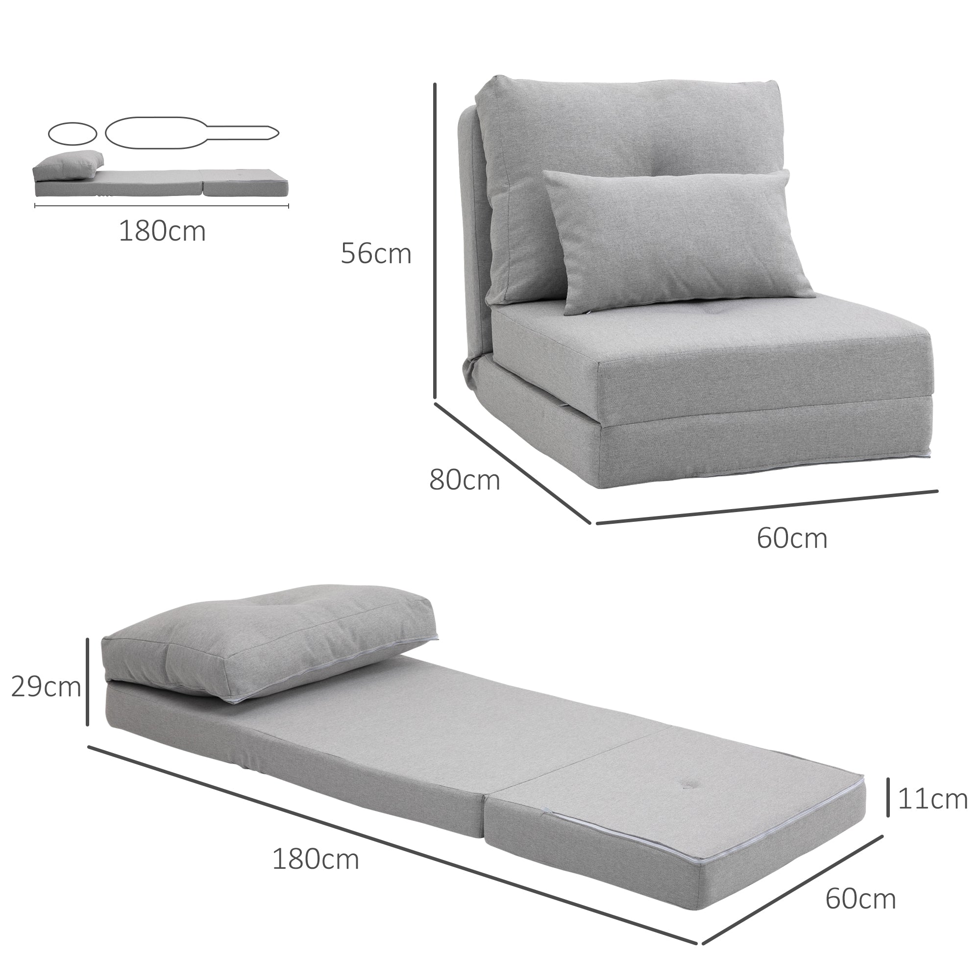 HOMCOM Bodensessel Klappmatratze Schlafmatte, 2-in-1-Design, abnehmbares Kissen, 60 x 80 x 56 cm, Grau