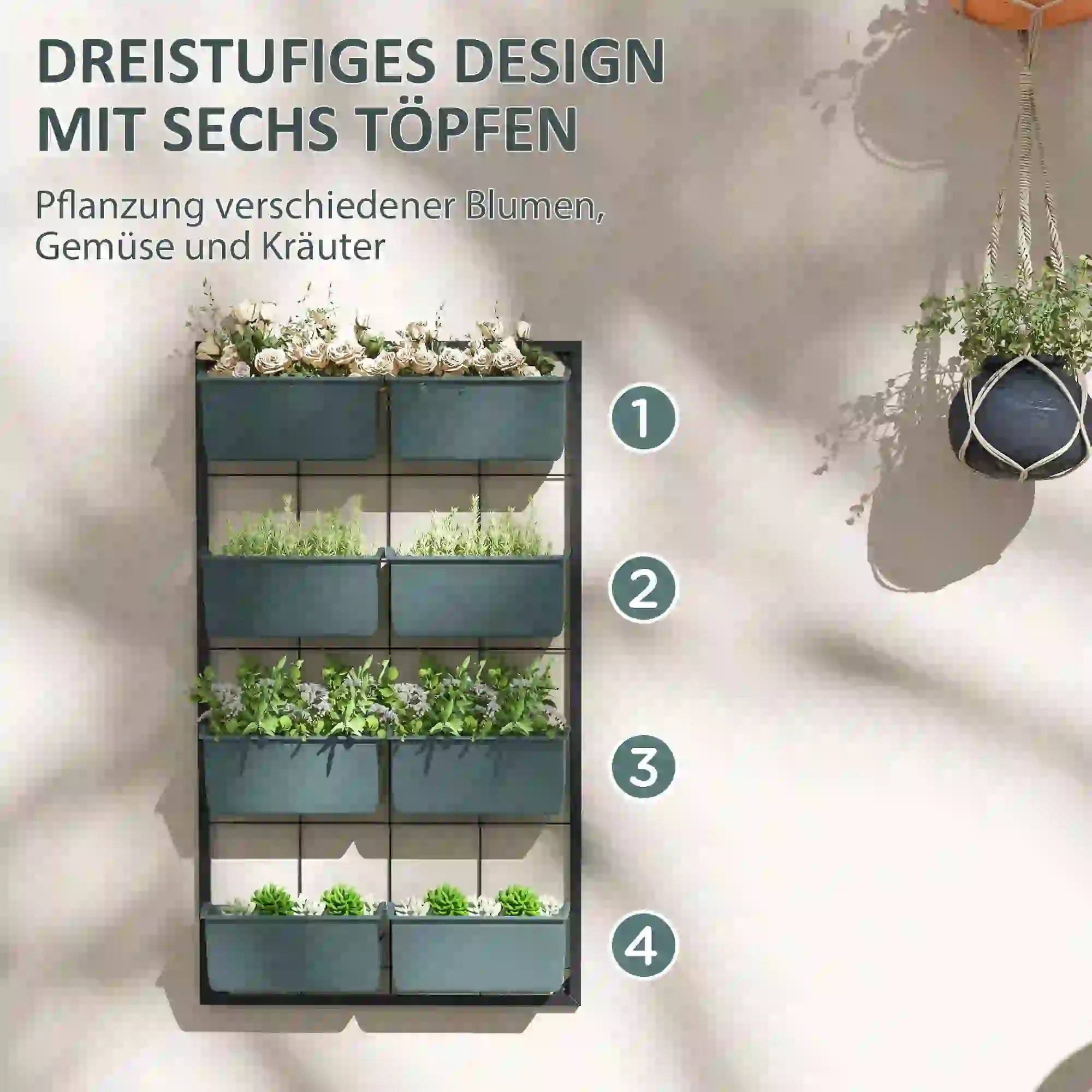 Outsunny Wand-Blumenständer 8 Töpfe Dunkelgrün