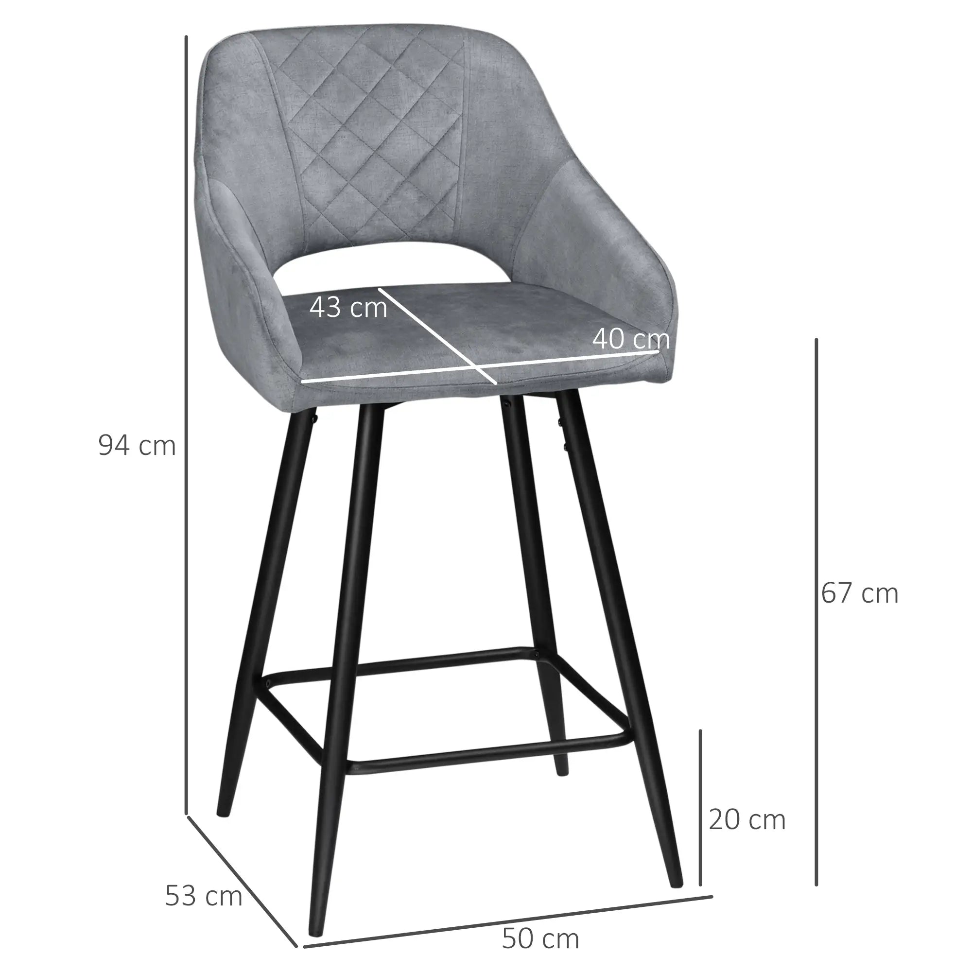 HOMCOM 2er-Set Barhocker im Retrodesign, Samtoptik, inkl. Fußstütze 50 cm x 56 cm x 98 cm Grau
