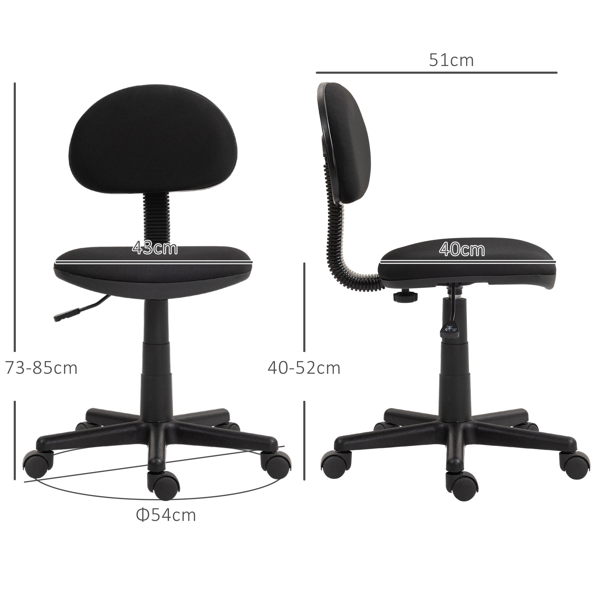 HOMCOM Bürostuhl, armloses Design, niedrige Rückenlehne, rollbar, drehbar, Schwarz