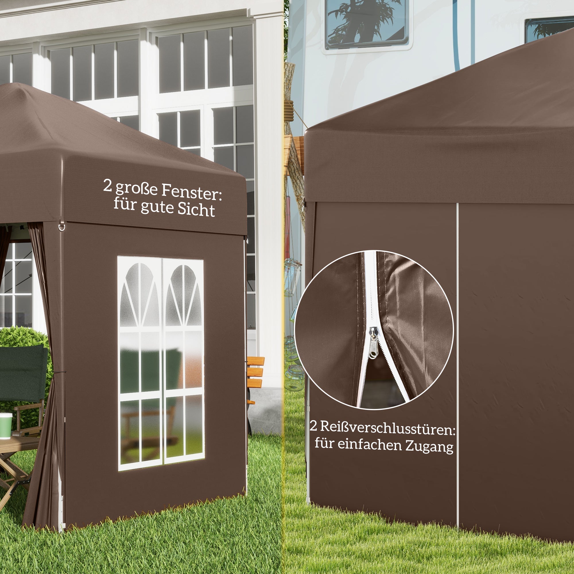 Outsunny Faltpavillon, Bierzelt, 4 abnehmbare Seitenwände, 2 Fenster, Metallrahmen, 2 x 2m, Braun