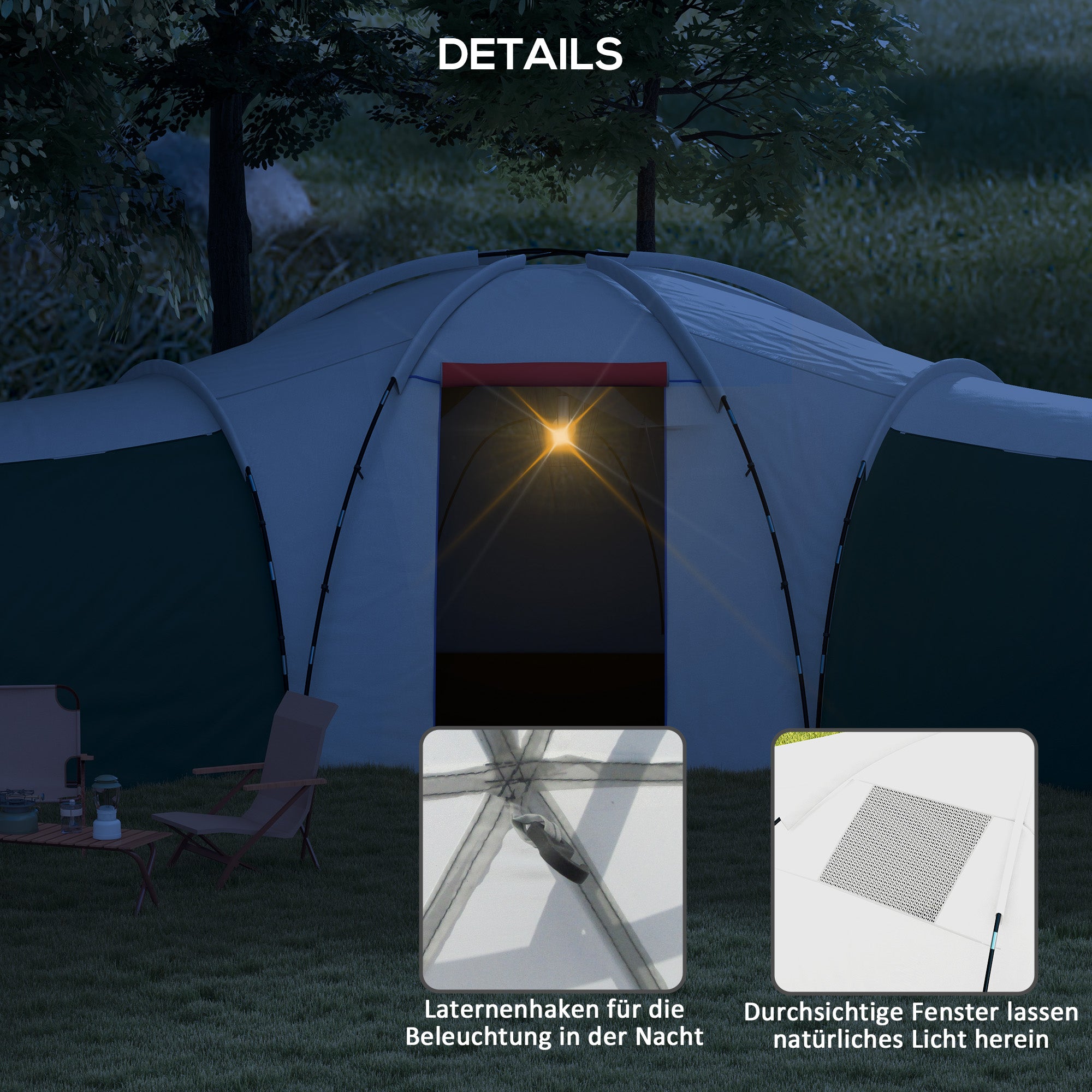 Outsunny Campingzelt für 6-9 Personen, 4 Räume, Vorzelt, wasserdicht, 615x 615x225cm, Grün