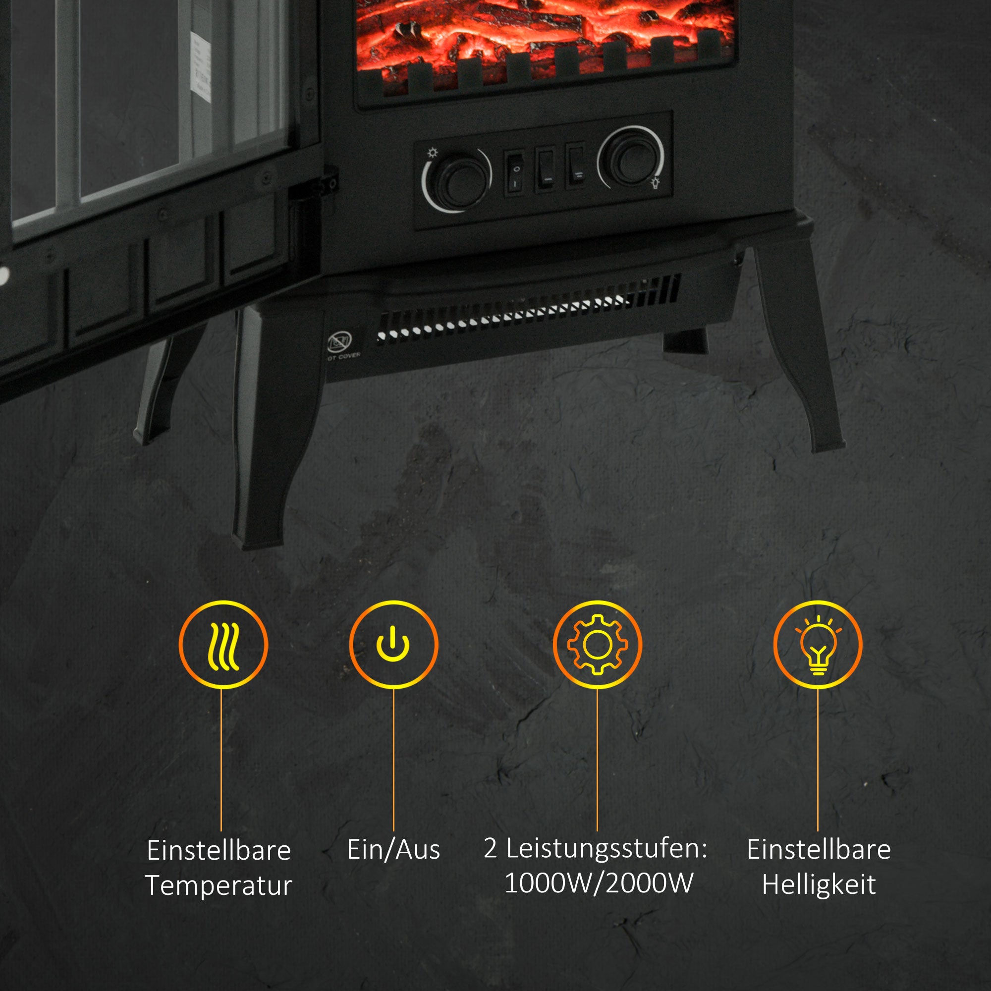 HOMCOM Elektrokamin, LED-Flammen, 1000/2000 W, regelbare Temperatur & Helligkeit, Metall, 39 x 23 x 56,5 cm