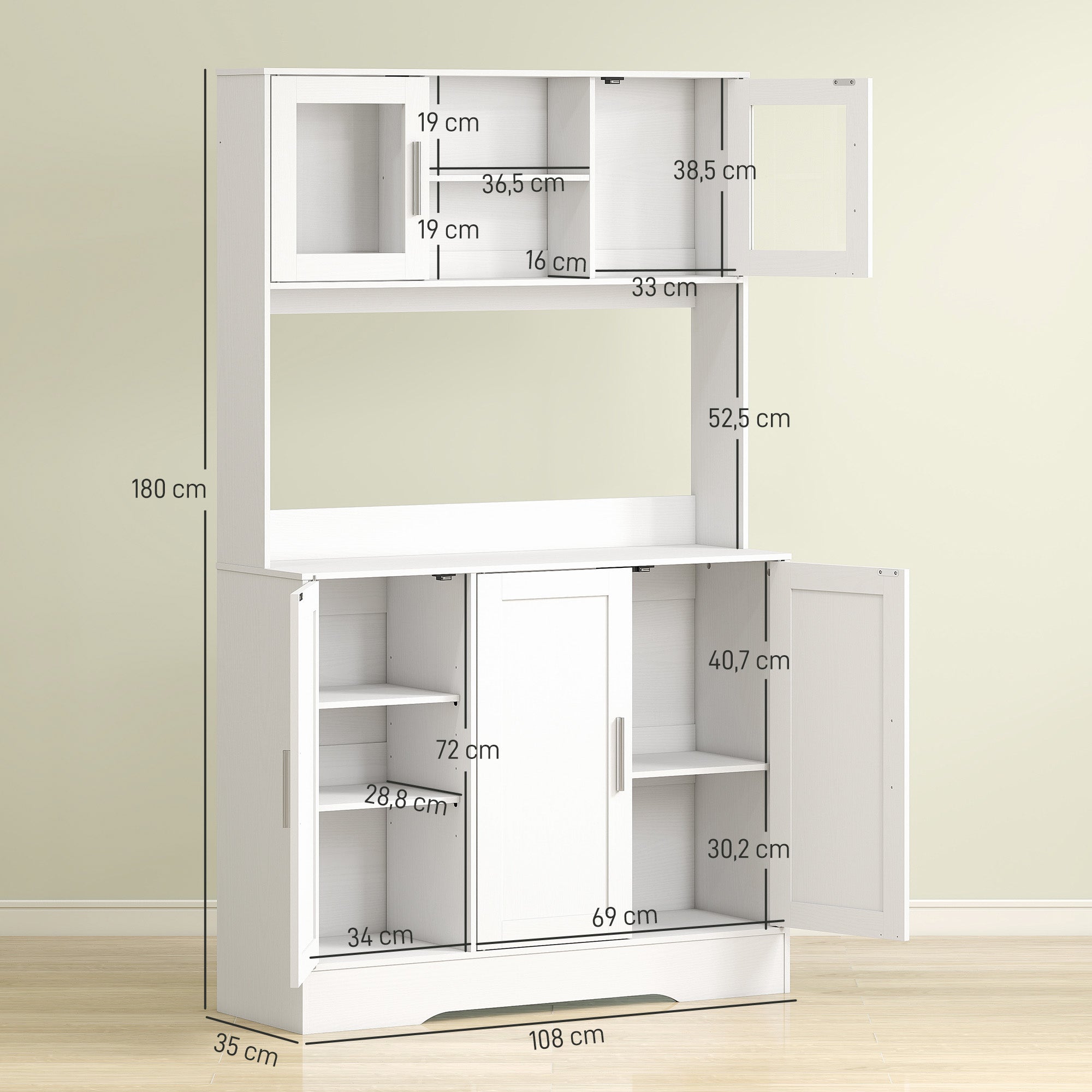 HOMCOM Küchenschrank, Skandinavisches Design, 4 Schränke, verstellbare Regale, Glastüren, offene Fläche, Spanplatte, MDF, Weiß